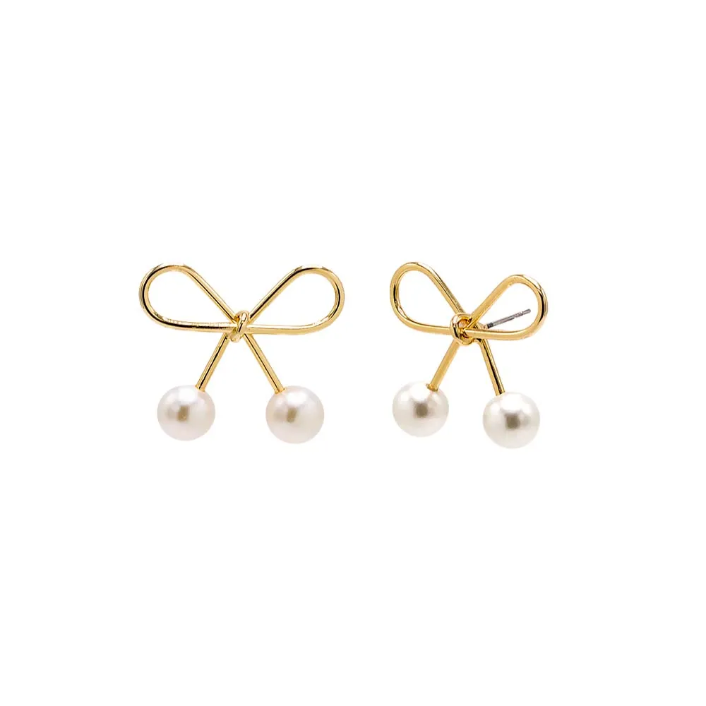 Bow Tie Double Pearl Stud Earring
