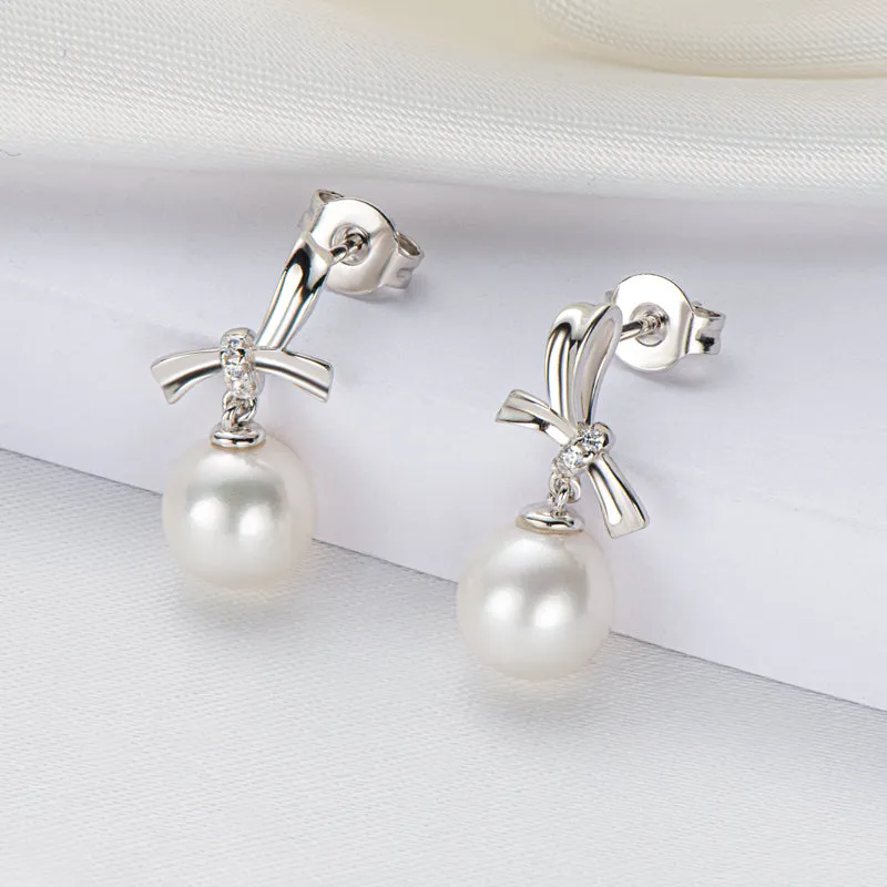 Bowknot Natural Freshwater White Pearl Stud Earrings