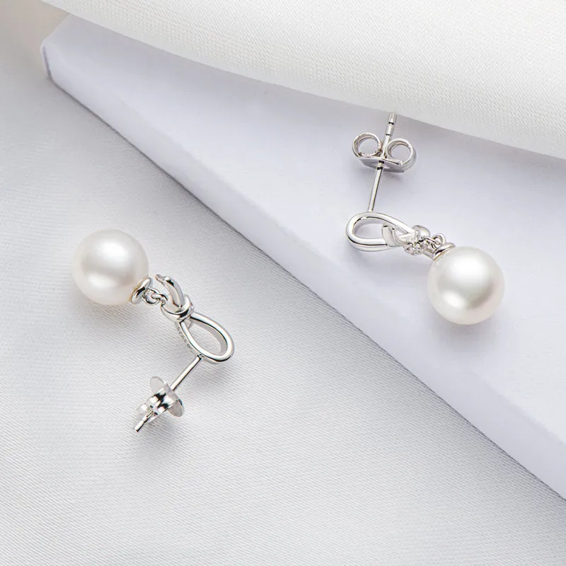 Bowknot Natural Freshwater White Pearl Stud Earrings