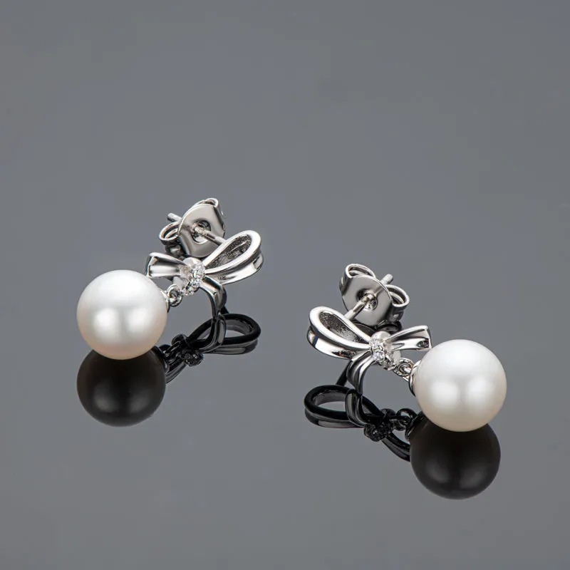 Bowknot Natural Freshwater White Pearl Stud Earrings