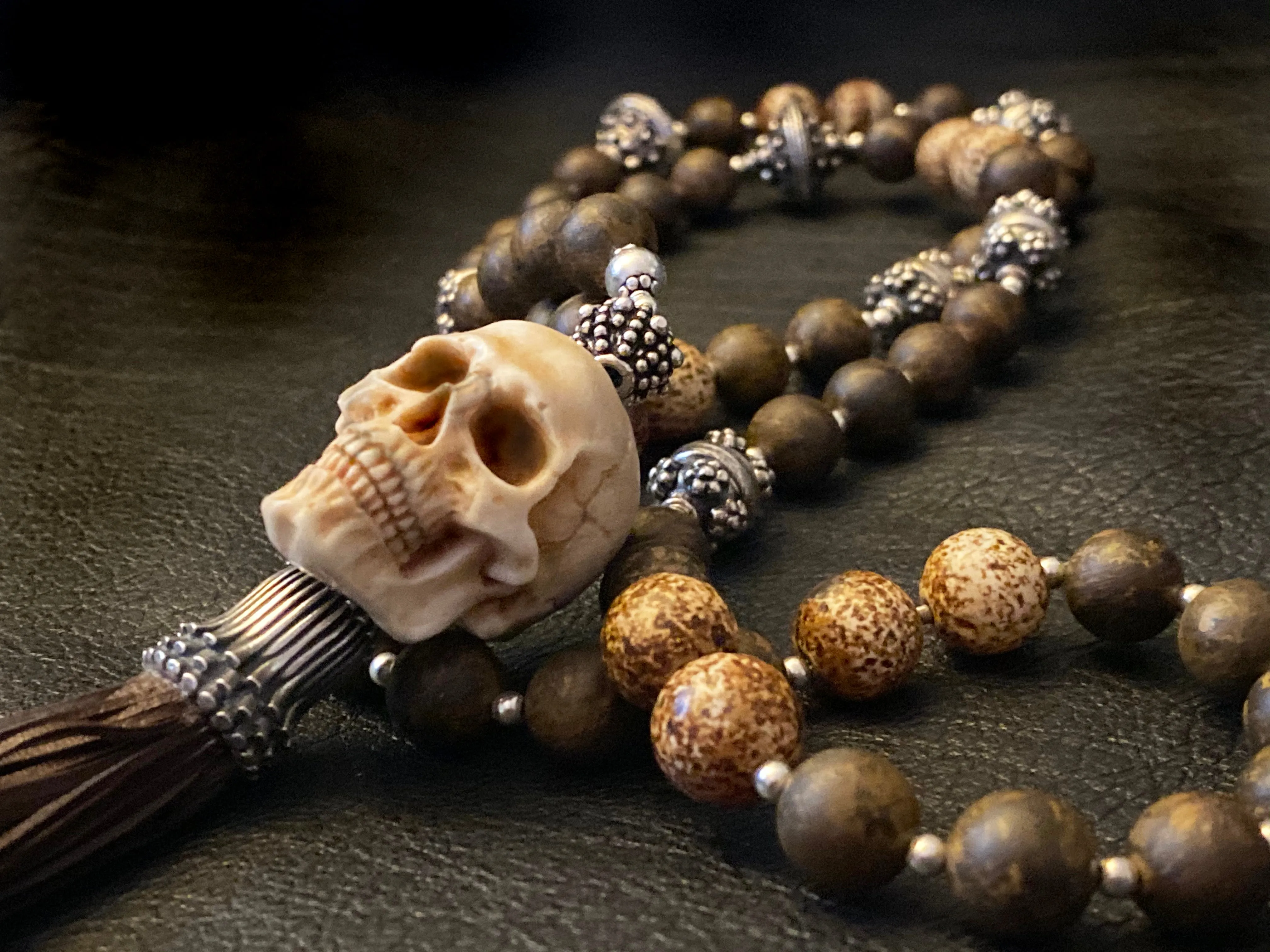 Bronzite Stone Mala Chain Antler Skull Necklace