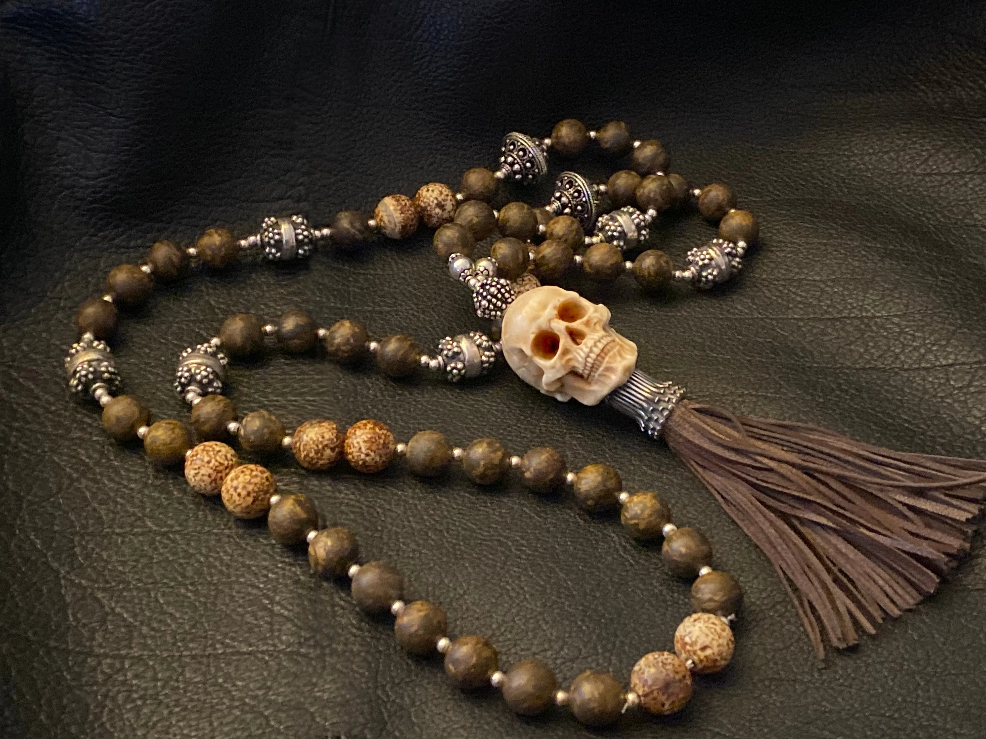 Bronzite Stone Mala Chain Antler Skull Necklace