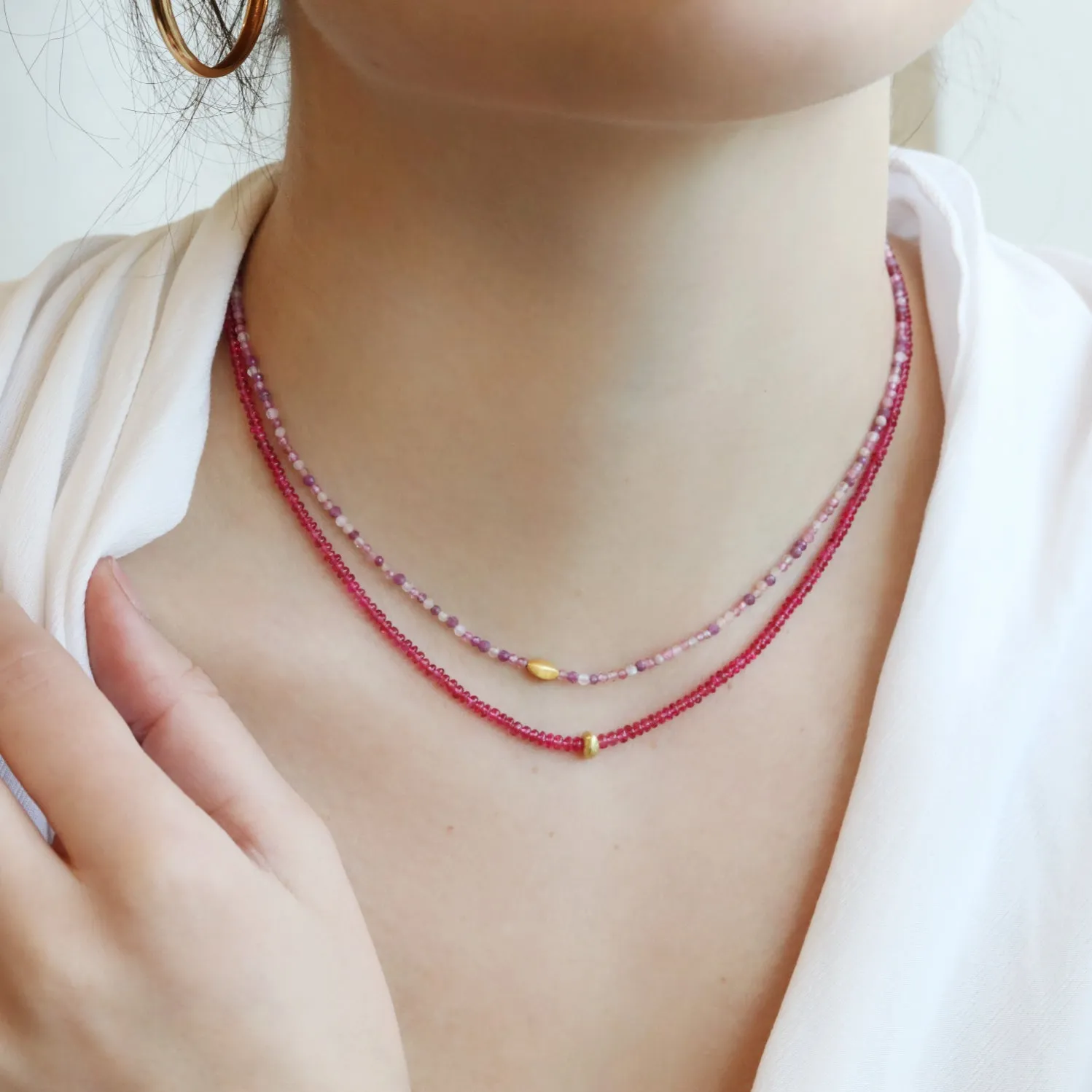 Cabochon Pink Spinel Beaded Necklace with 18K Gold Bead