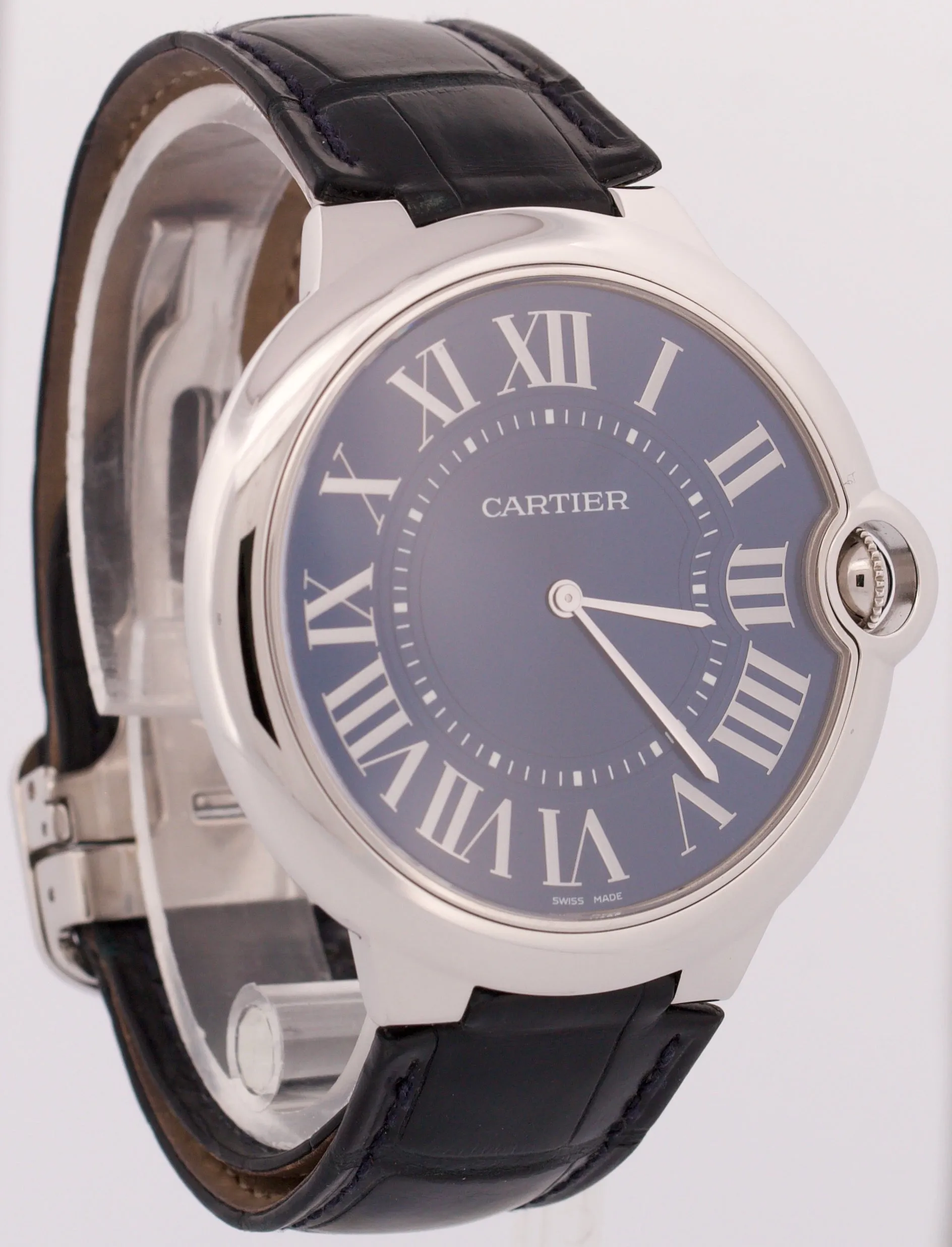 Cartier Ballon Bleu XL 46mm PLATINUM Roman BLUE Leather Automatic Watch 3377