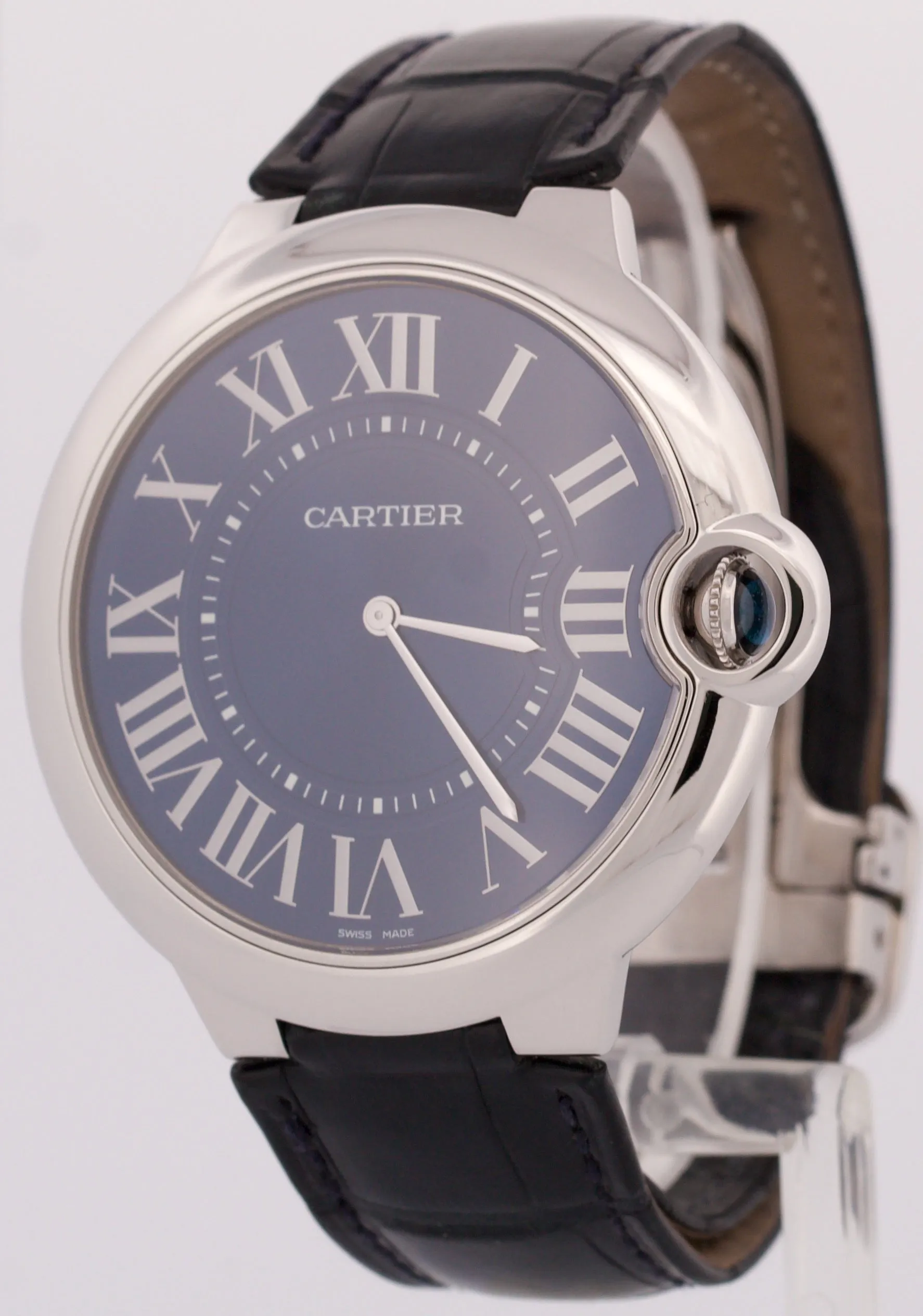 Cartier Ballon Bleu XL 46mm PLATINUM Roman BLUE Leather Automatic Watch 3377