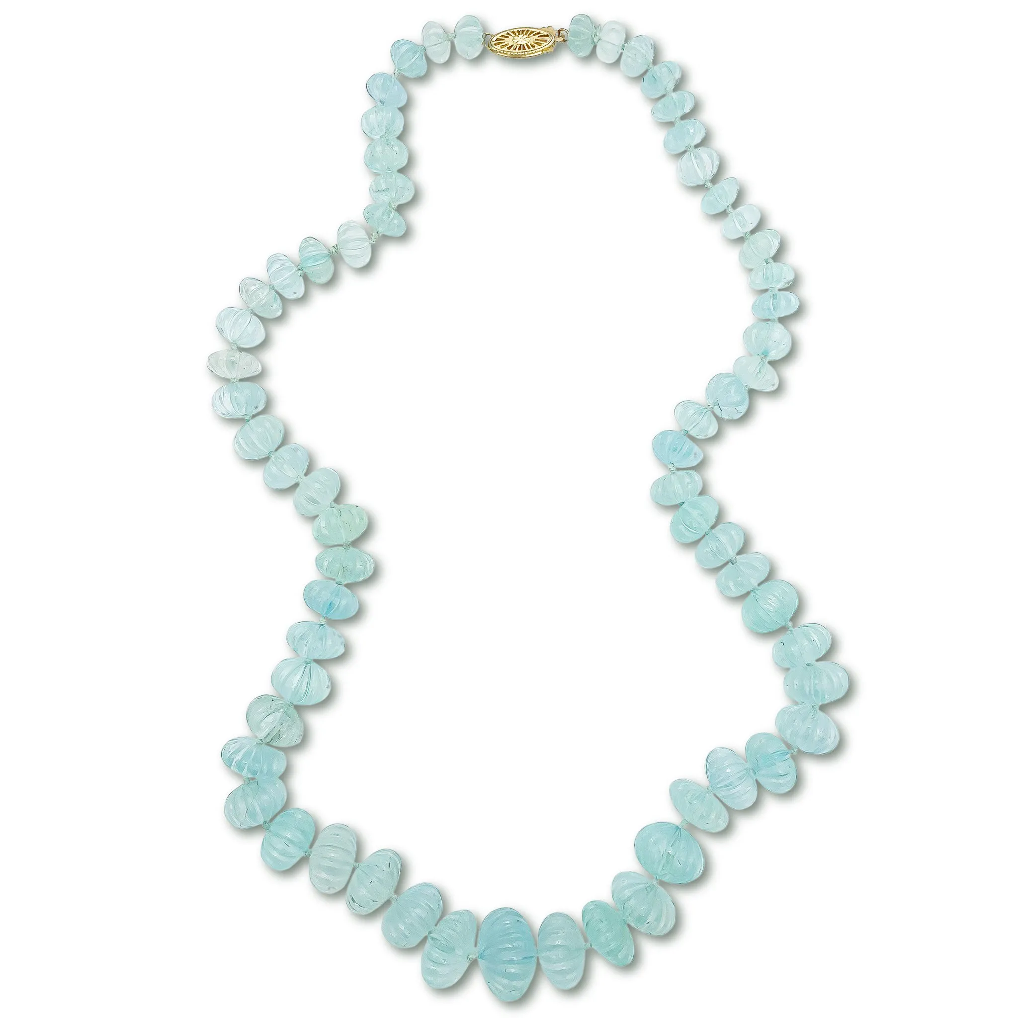 Carved Graduated Aquamarine Bead Necklace