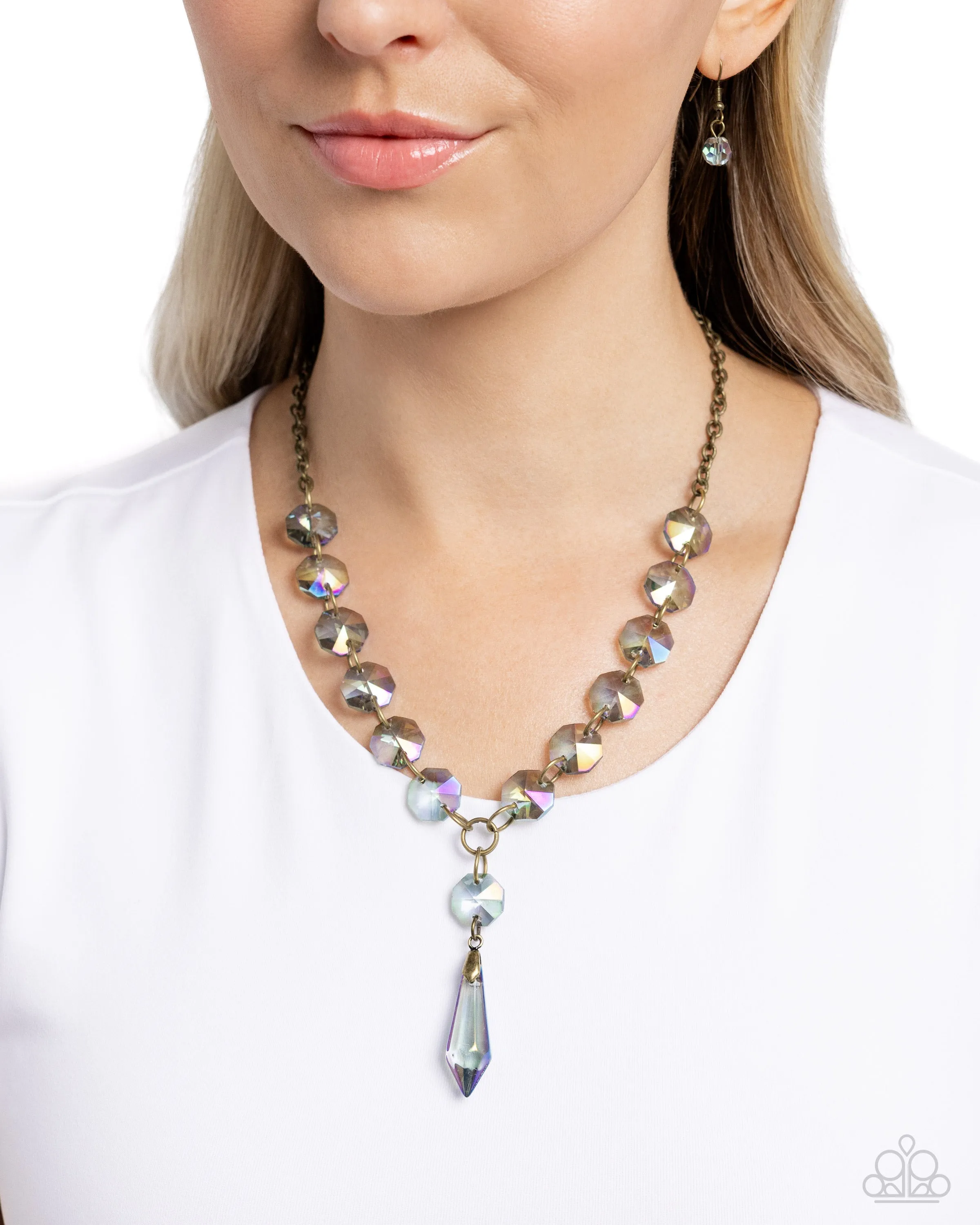 Celestial Class - Brass - Opalescent and UV Shimmer Faceted Bead Paparazzi Shot Necklace