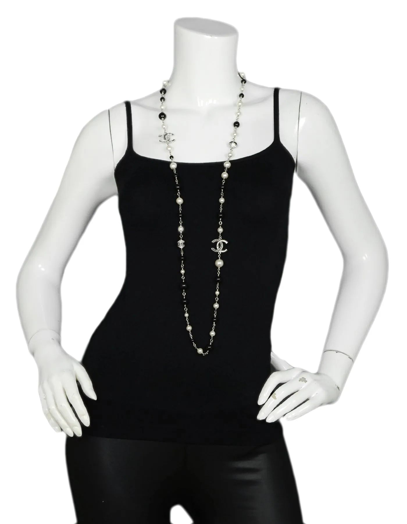 Chanel Black Bead & Faux Pearl Necklace with Strass Crystal CC & Beads
