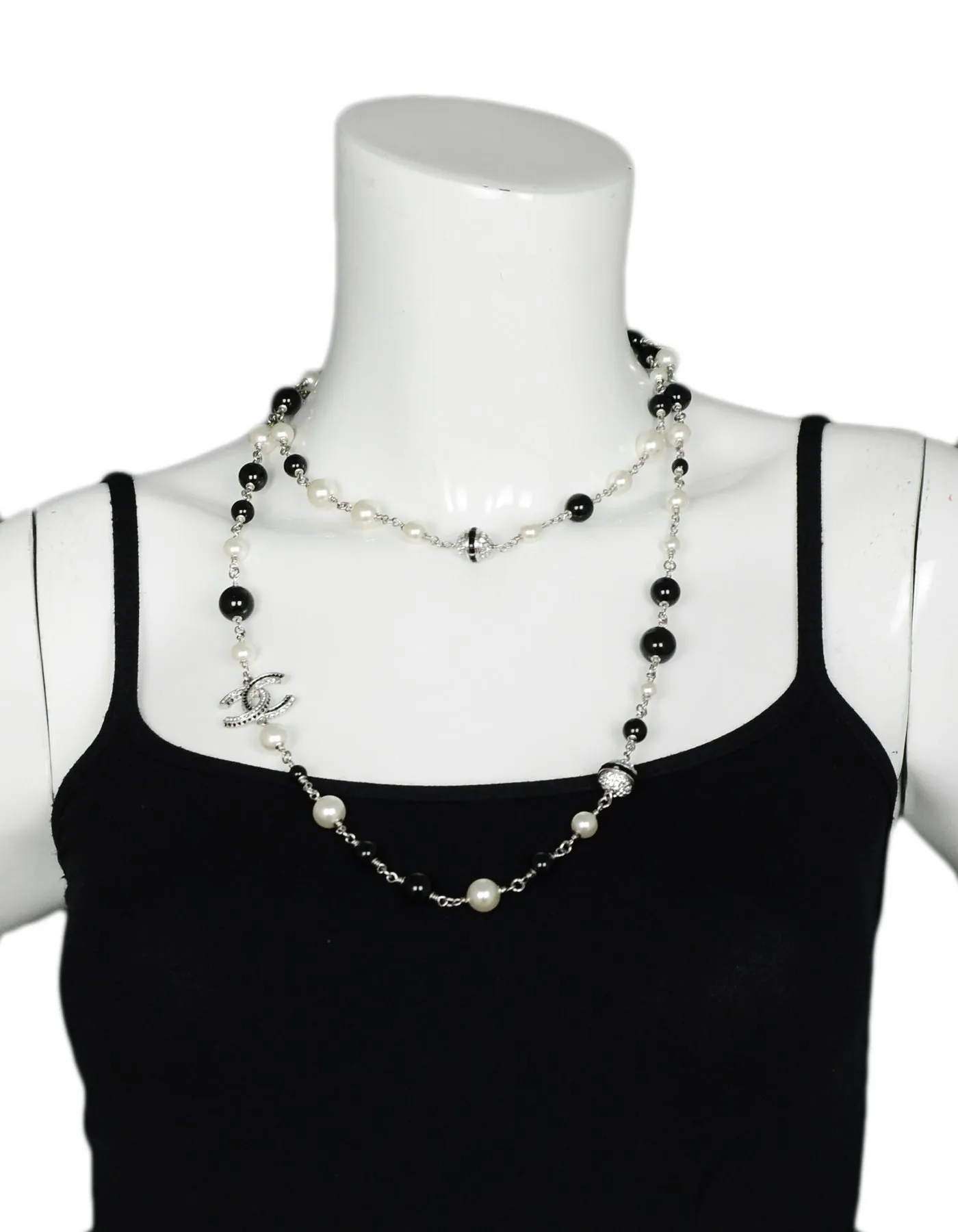 Chanel Black Bead & Faux Pearl Necklace with Strass Crystal CC & Beads