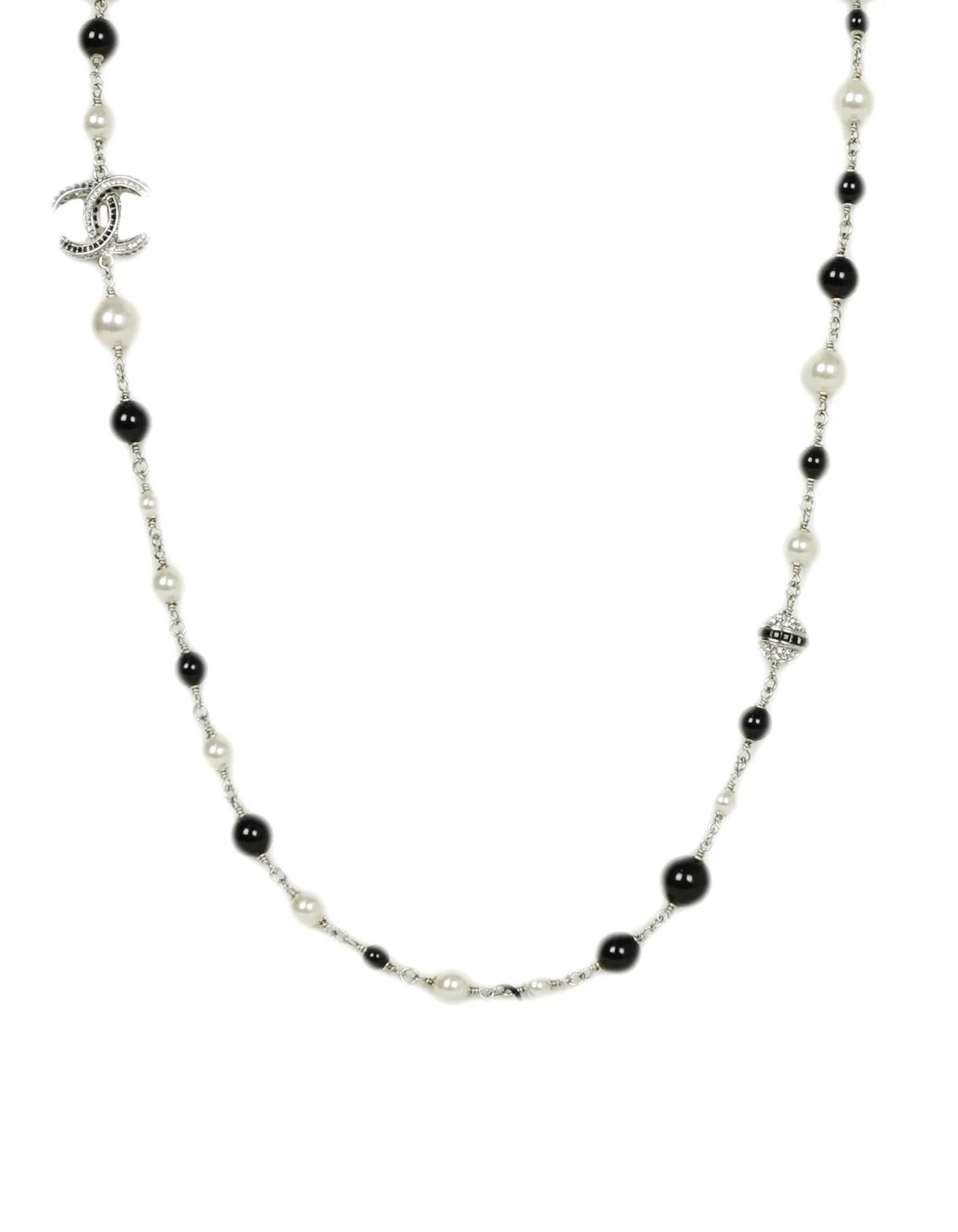 Chanel Black Bead & Faux Pearl Necklace with Strass Crystal CC & Beads