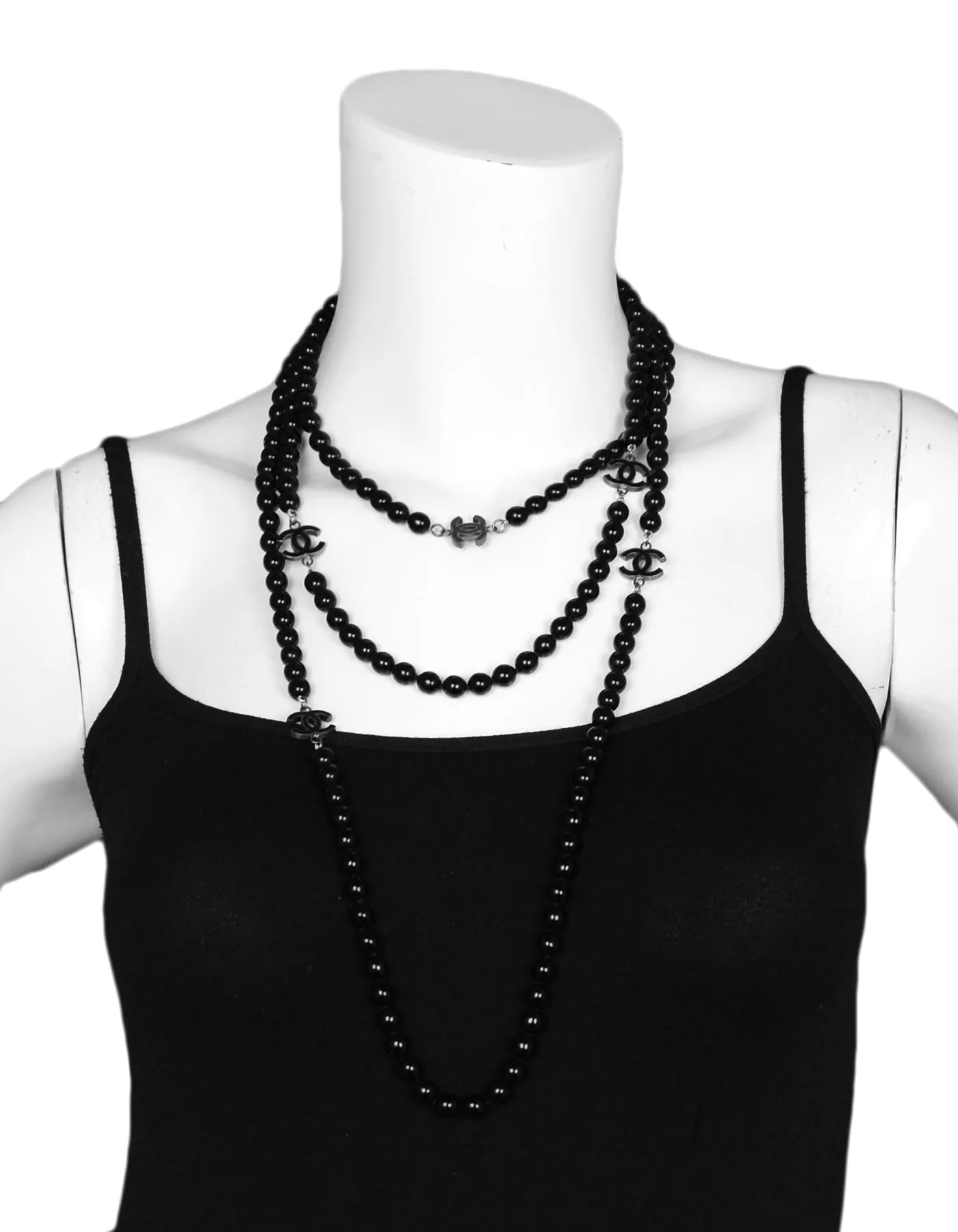 Chanel Black Bead CC Necklace 72"