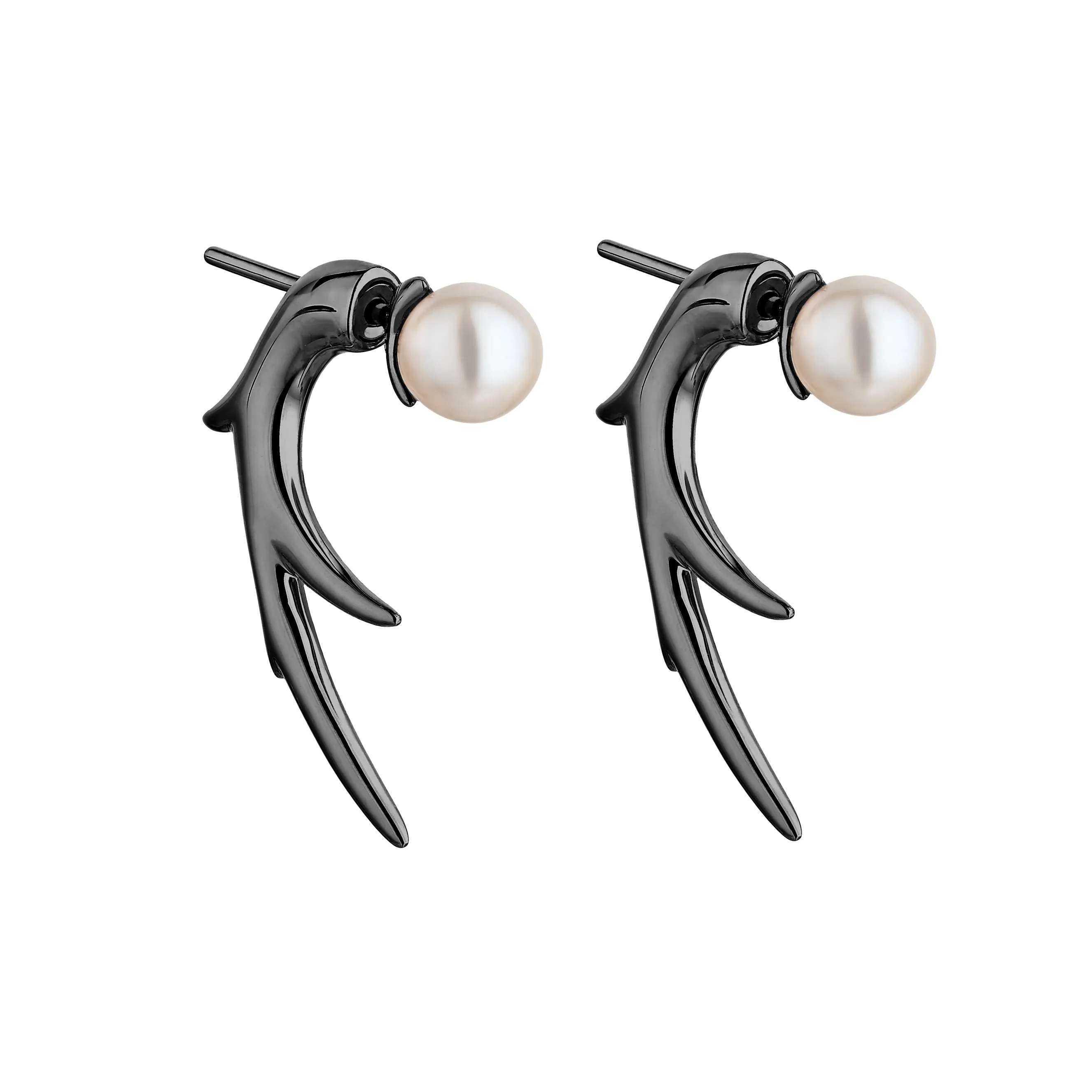 Cherry Blossom Branch Earrings - Silver Black Rhodium & Pearl