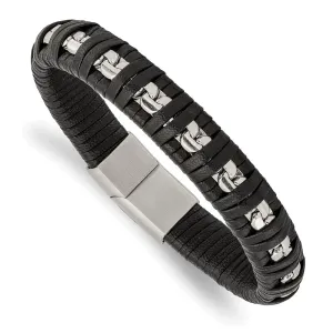 Chisel Stainless Steel Polished Chain and Black Leather 8.25 inch Bracelet