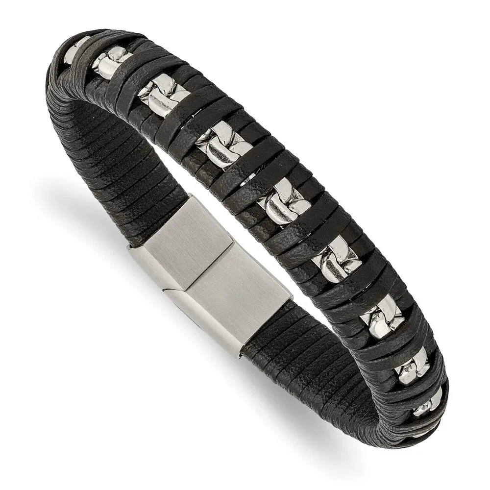Chisel Stainless Steel Polished Chain and Black Leather 8.25 inch Bracelet