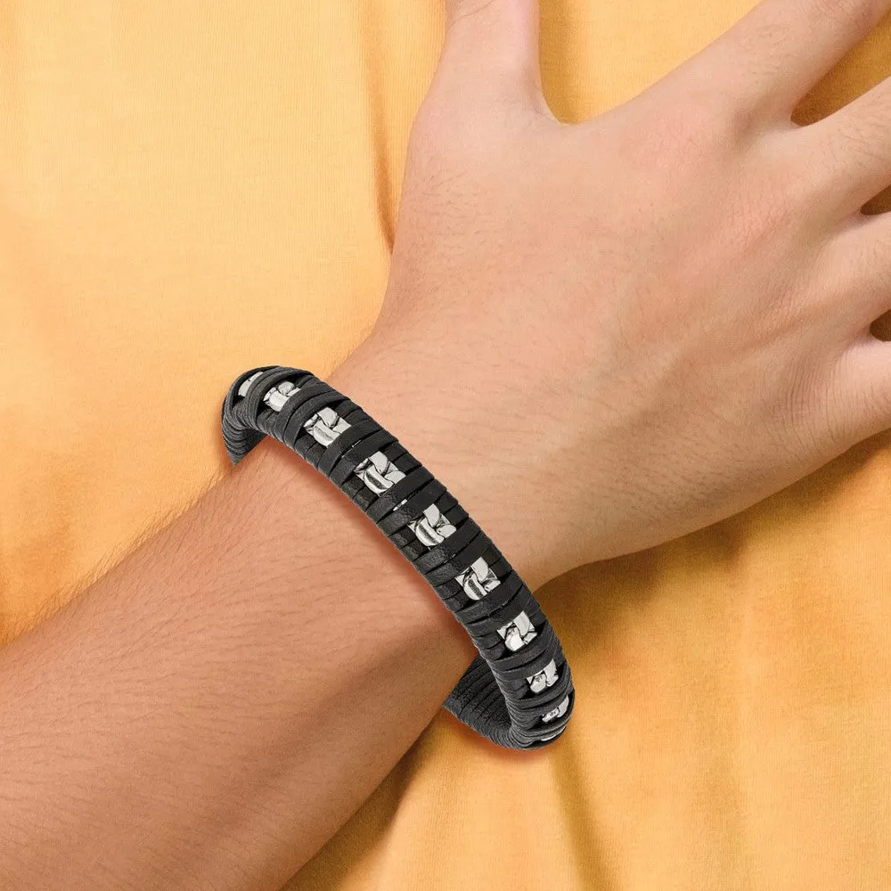 Chisel Stainless Steel Polished Chain and Black Leather 8.25 inch Bracelet