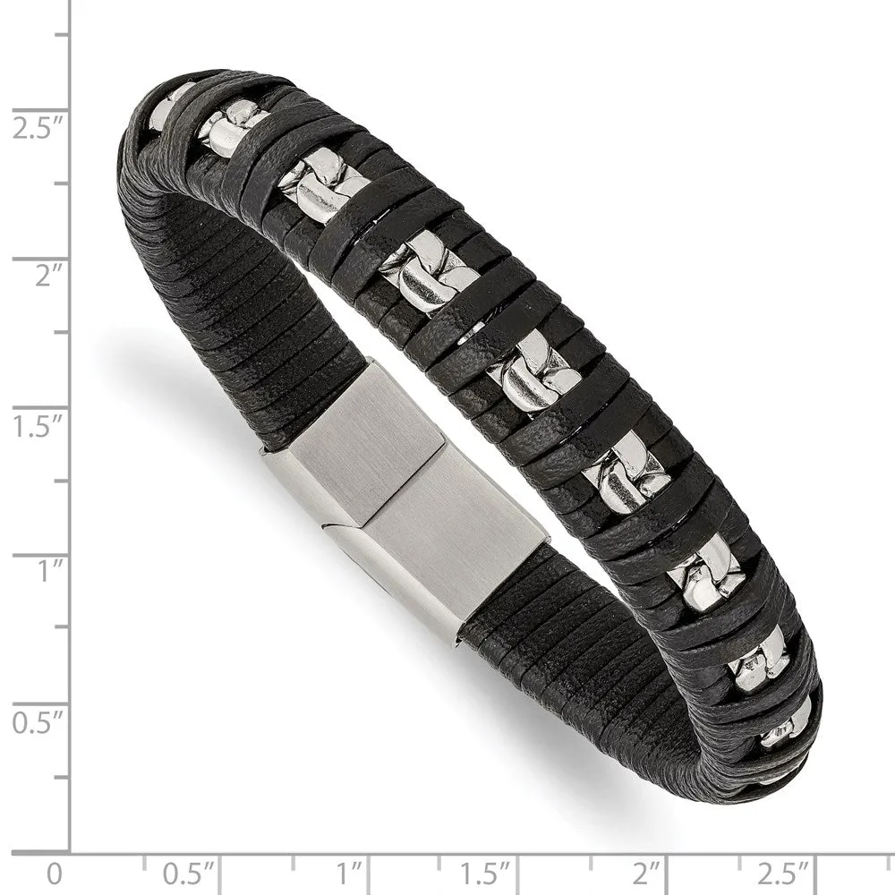 Chisel Stainless Steel Polished Chain and Black Leather 8.25 inch Bracelet