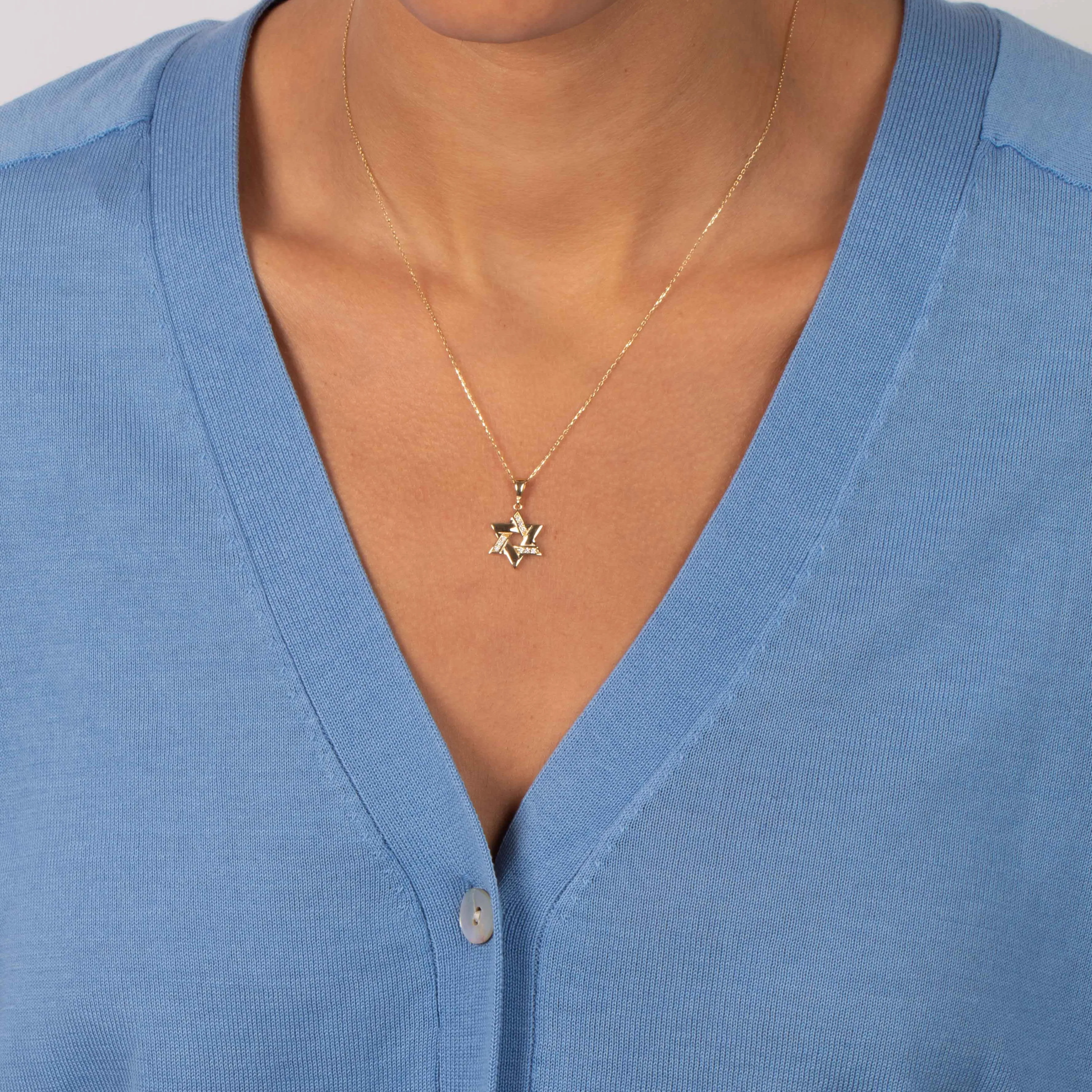 Chunky Diamond Accented Cutout Star Of David Pendant Necklace 14K