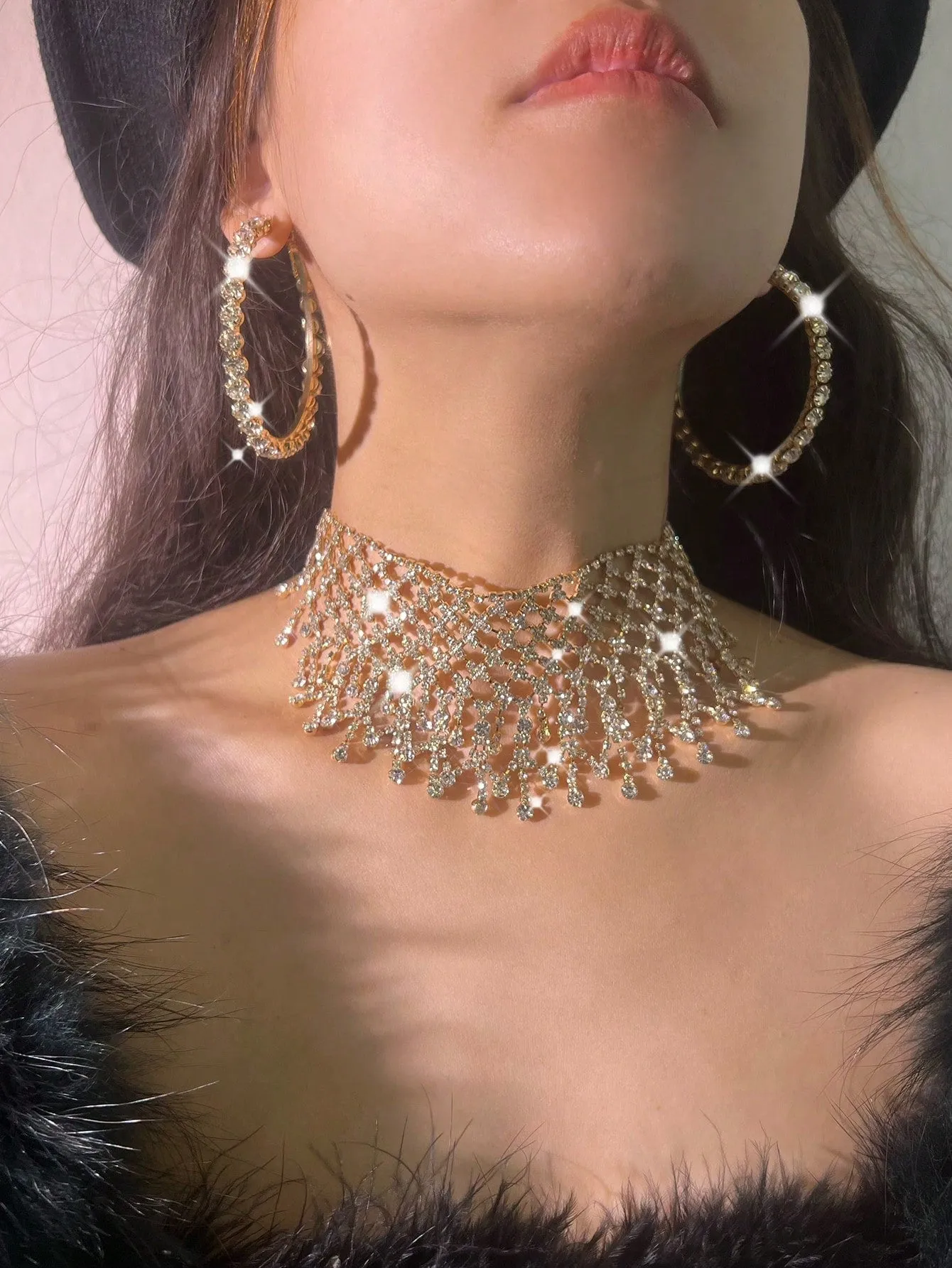 Chunky Tassel Punk Gothic  Necklaces With Geometric Dangle Earrings Set