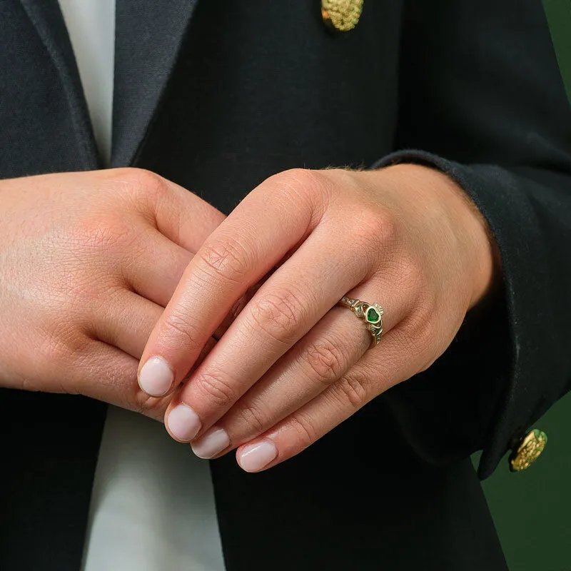 Claddagh Ring 9ct Yellow Gold with CZ & Synthetic Emerald Heart S2369