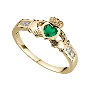 Claddagh Ring 9ct Yellow Gold with CZ & Synthetic Emerald Heart S2369