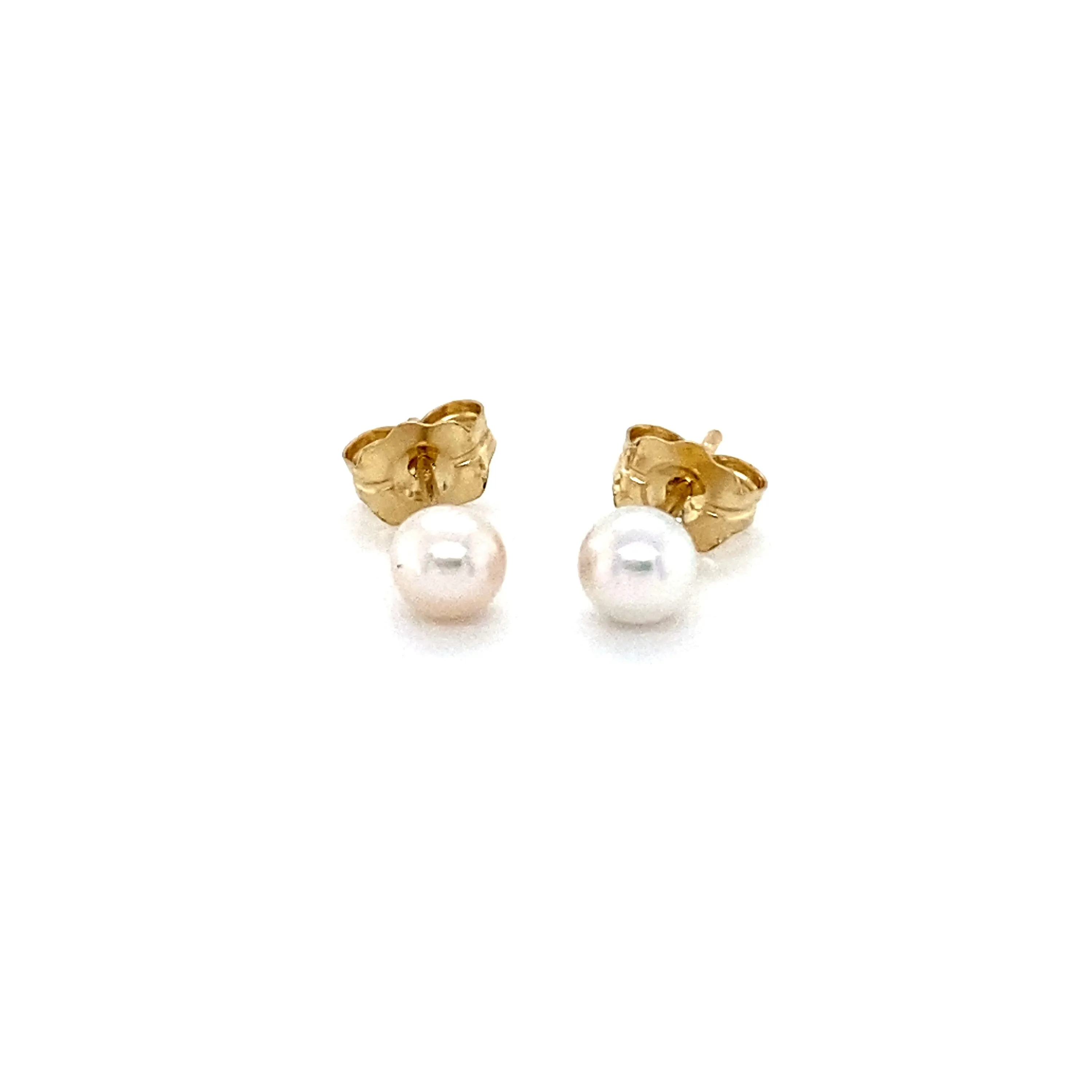 Classic Akoya Pearl Stud Earrings with Solid 14K Yellow Gold Post and Back, 4mm.