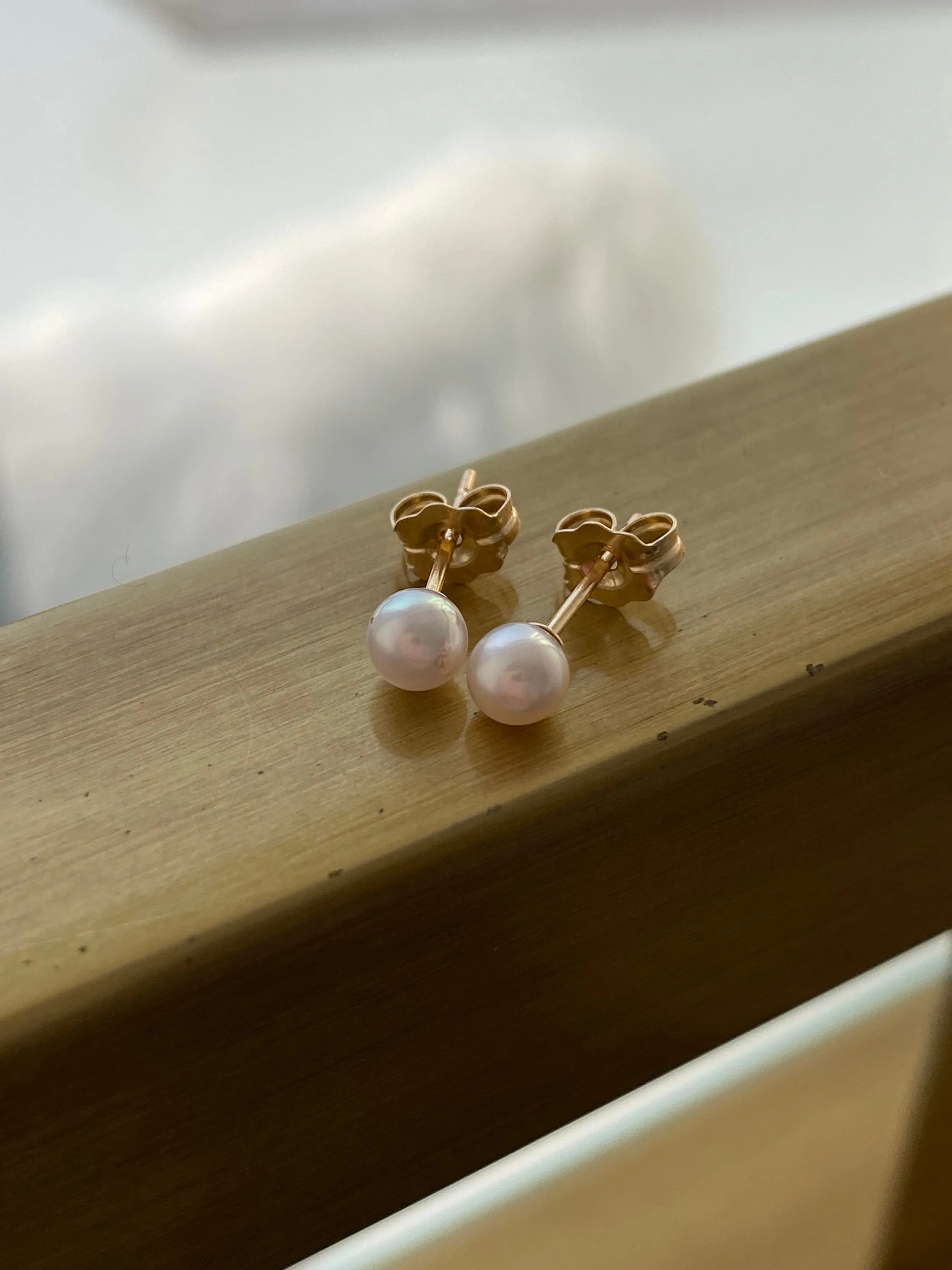 Classic Akoya Pearl Stud Earrings with Solid 14K Yellow Gold Post and Back, 4mm.