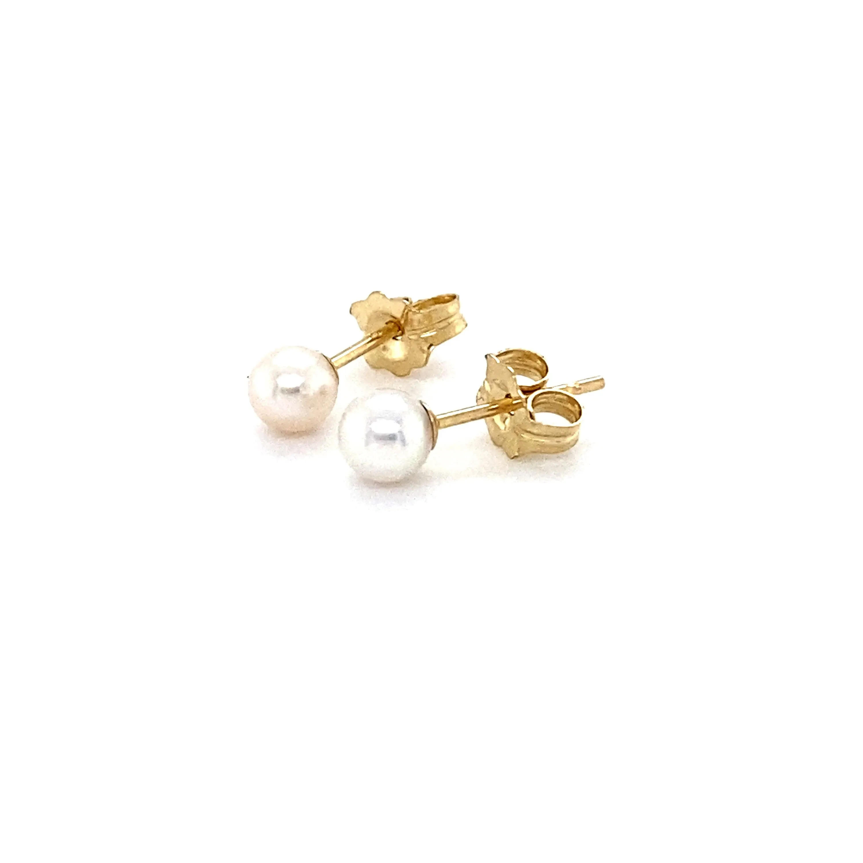 Classic Akoya Pearl Stud Earrings with Solid 14K Yellow Gold Post and Back, 4mm.