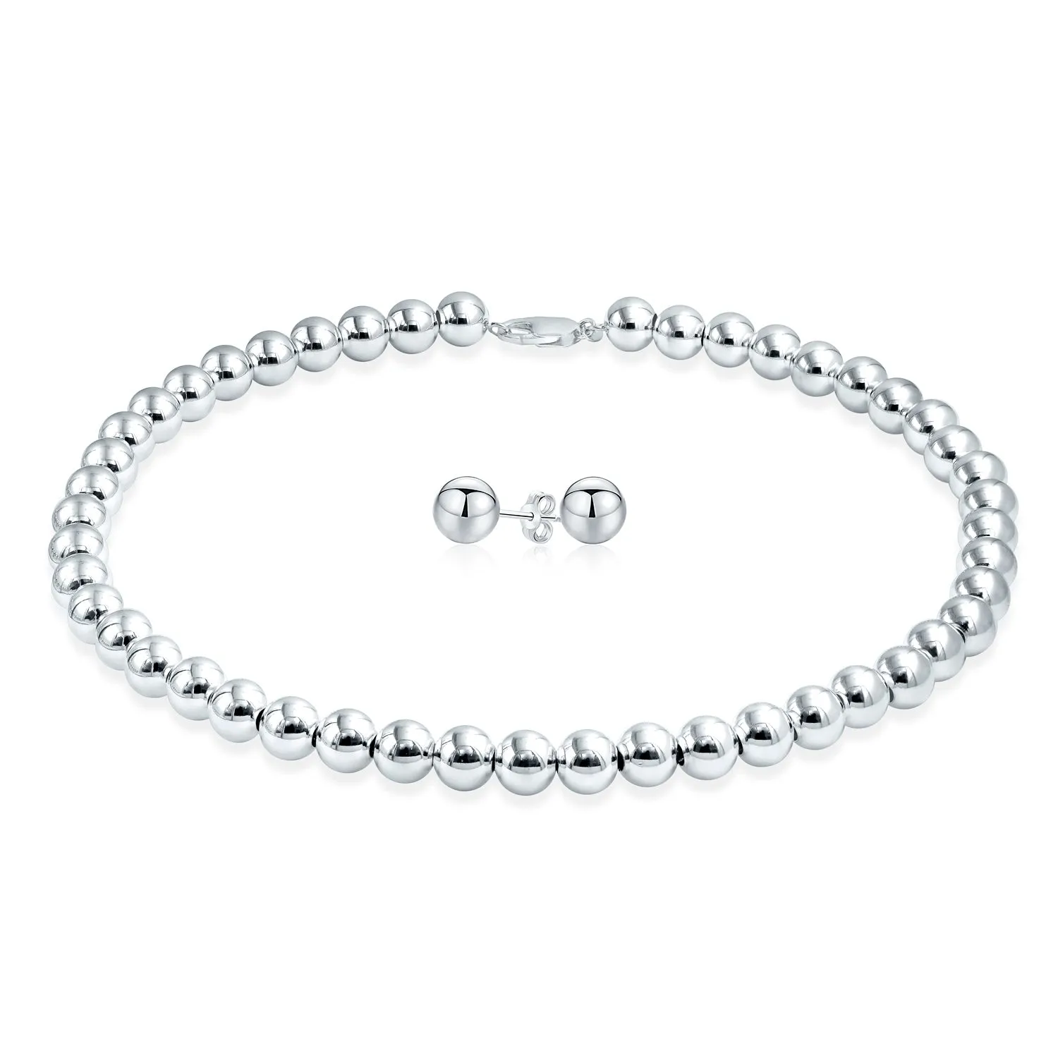 Classic Hand Strung 8MM Round .925 Sterling Silver Ball Bead Strand Necklace