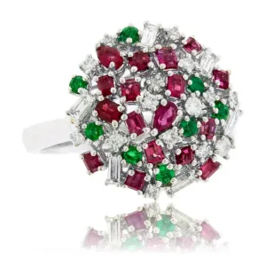Cluster Style Red Emerald, Green Emerald and Diamond Accented Ring