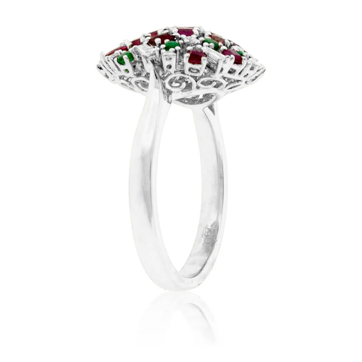 Cluster Style Red Emerald, Green Emerald and Diamond Accented Ring