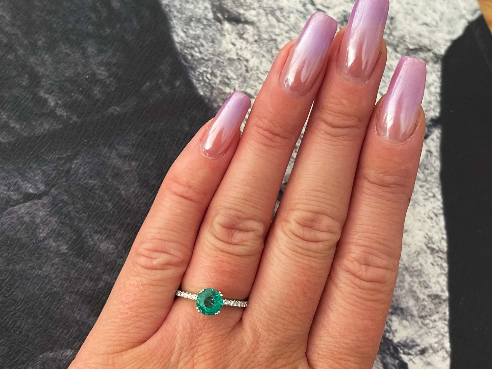 Colombian Emerald Diamond Band Ring Solid 18k White Gold