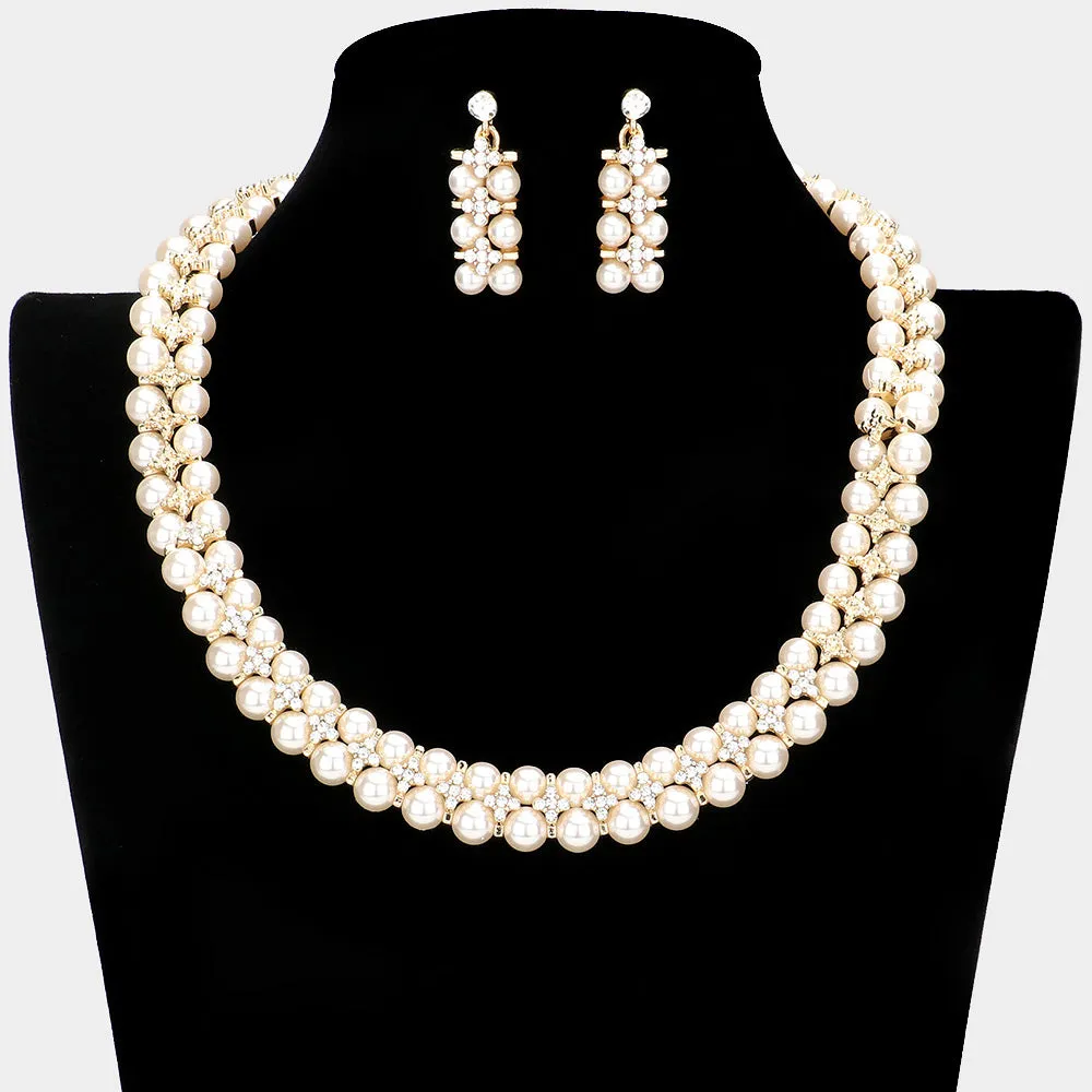 Crystal and Cream Pearl Bib Necklace and Earrings | Bridal Jewelry | Wedding Jewelry |  376794
