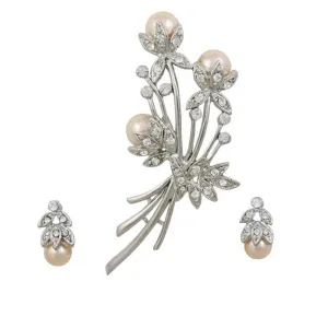 Crystal and Peach Pearl Buds Pin with Earring Gift Set - PRP040PBS