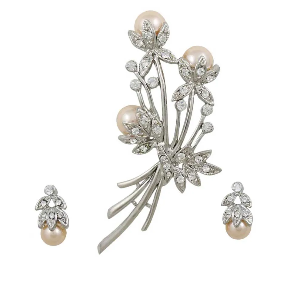 Crystal and Peach Pearl Buds Pin with Earring Gift Set - PRP040PBS