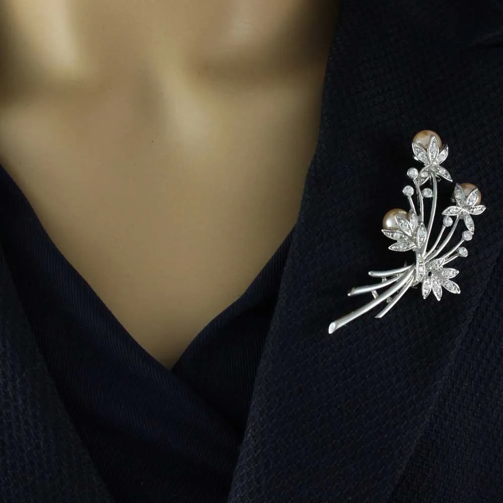 Crystal and Peach Pearl Buds Pin with Earring Gift Set - PRP040PBS