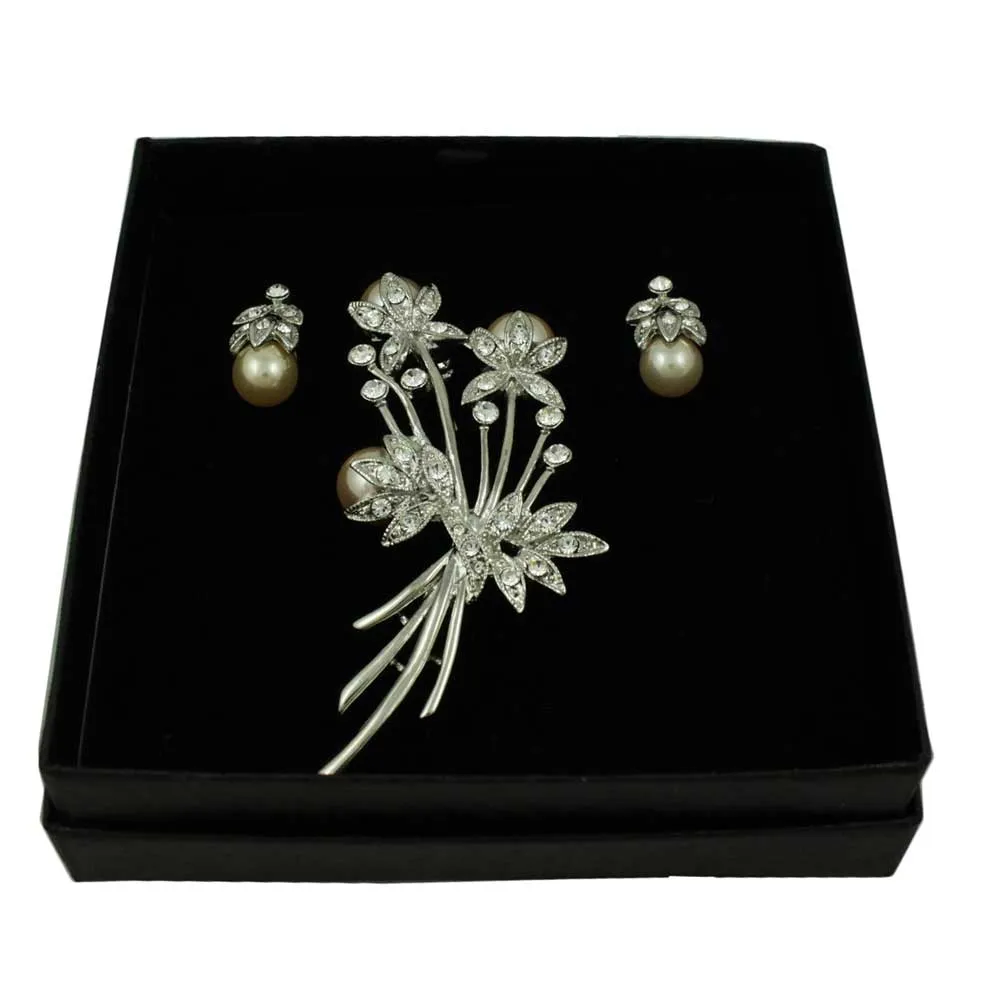 Crystal and Peach Pearl Buds Pin with Earring Gift Set - PRP040PBS