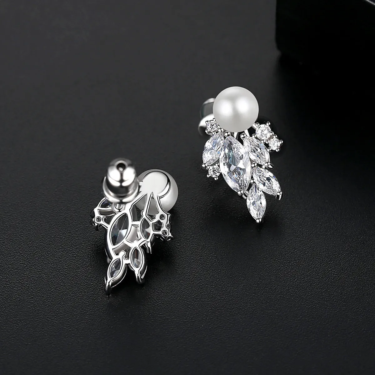 Cubic Zirconia & Crystal Pearl Silver-Plated Wing Stud Earrings