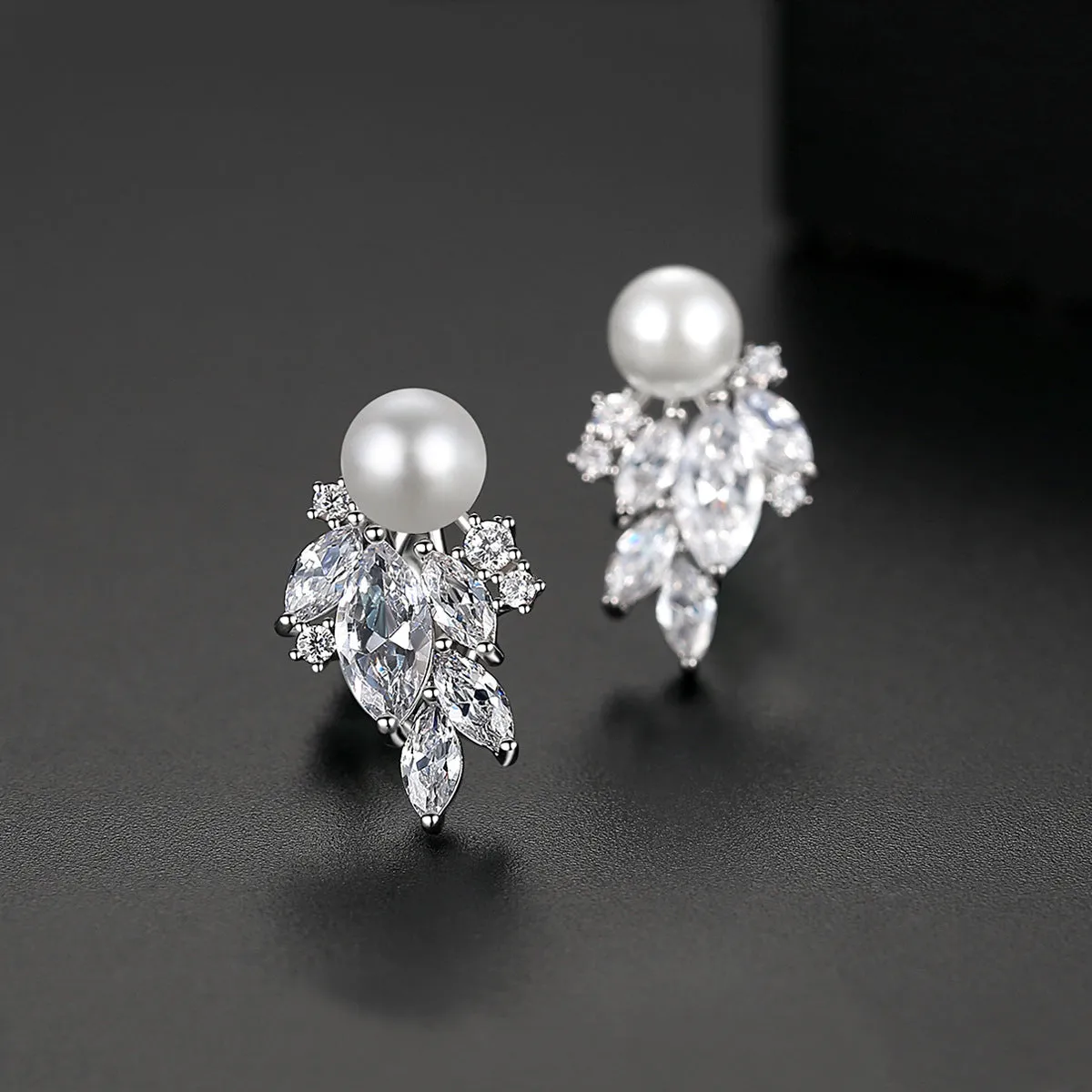 Cubic Zirconia & Crystal Pearl Silver-Plated Wing Stud Earrings