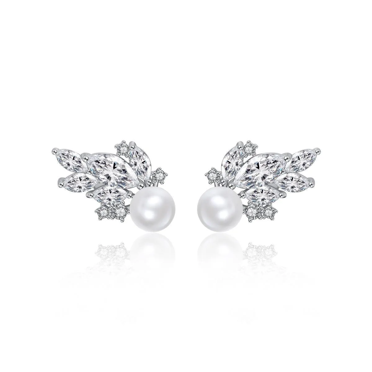 Cubic Zirconia & Crystal Pearl Silver-Plated Wing Stud Earrings