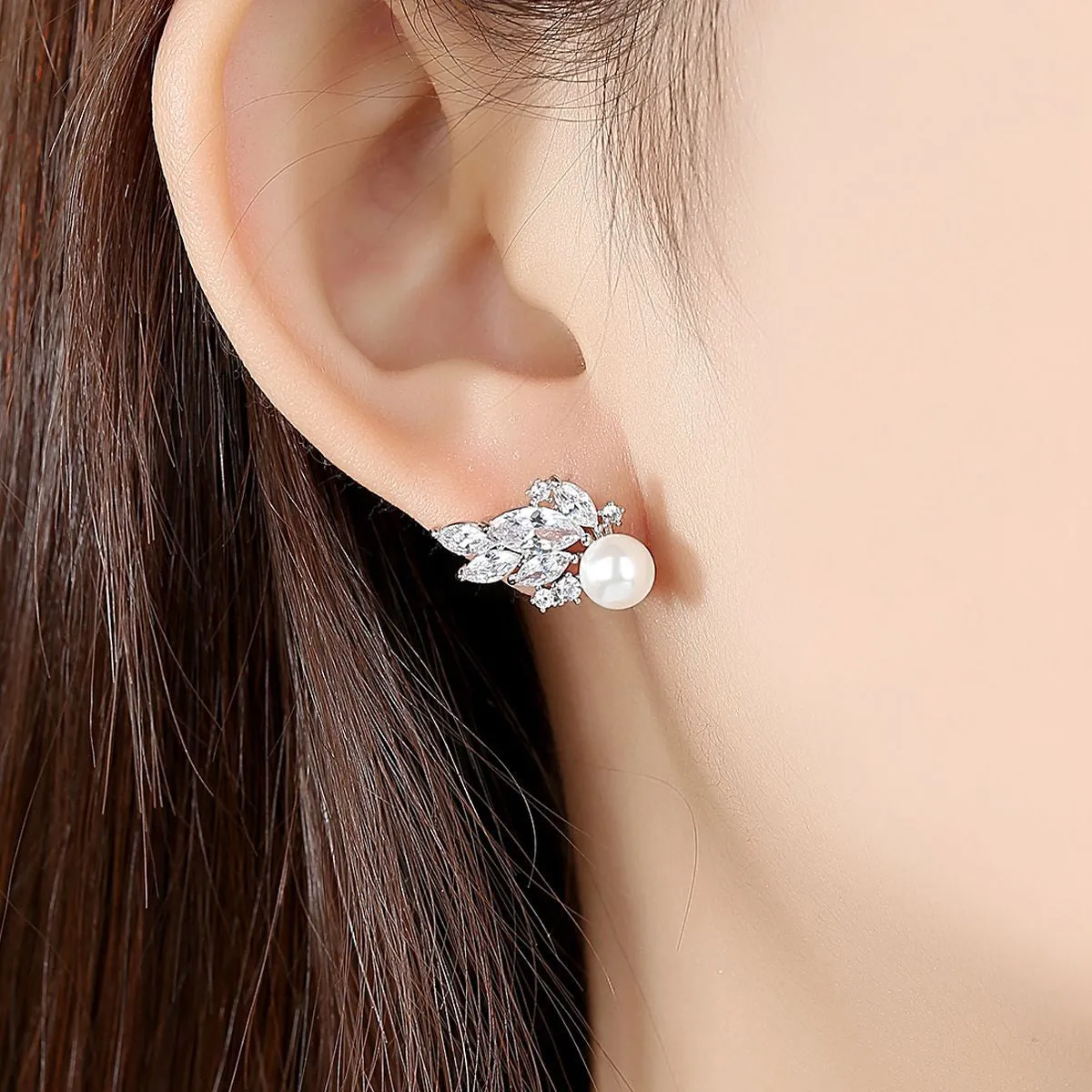 Cubic Zirconia & Crystal Pearl Silver-Plated Wing Stud Earrings