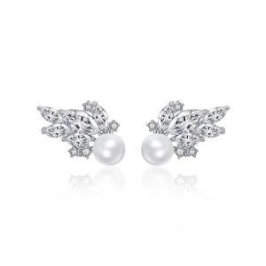 Cubic Zirconia & Crystal Pearl Silver-Plated Wing Stud Earrings