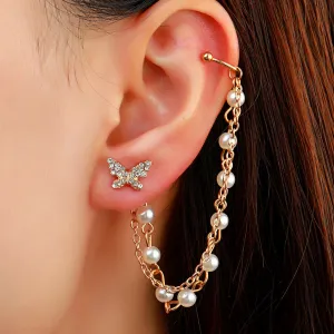 Cubic Zirconia & Pearl 18K Gold-Plated Butterfly Chain Ear Cuff
