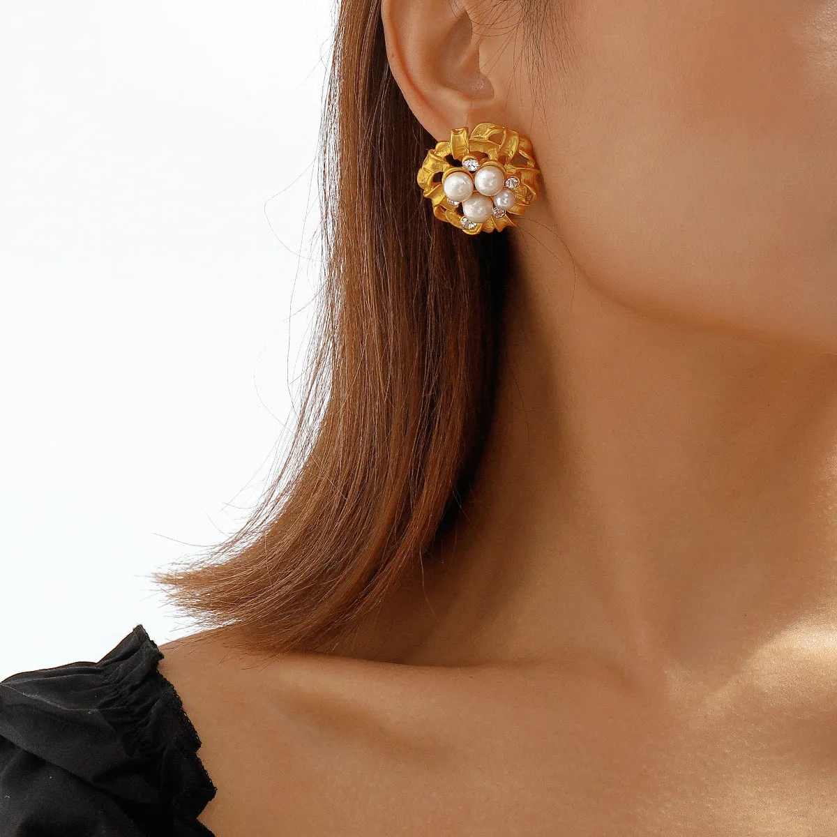 Cubic Zirconia & Pearl 18K Gold-Plated Flower Stud Earrings