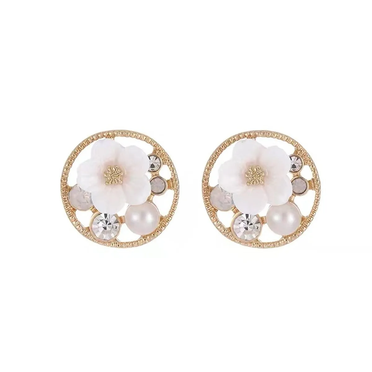 Cubic Zirconia & Pearl Flower Stud Earrings