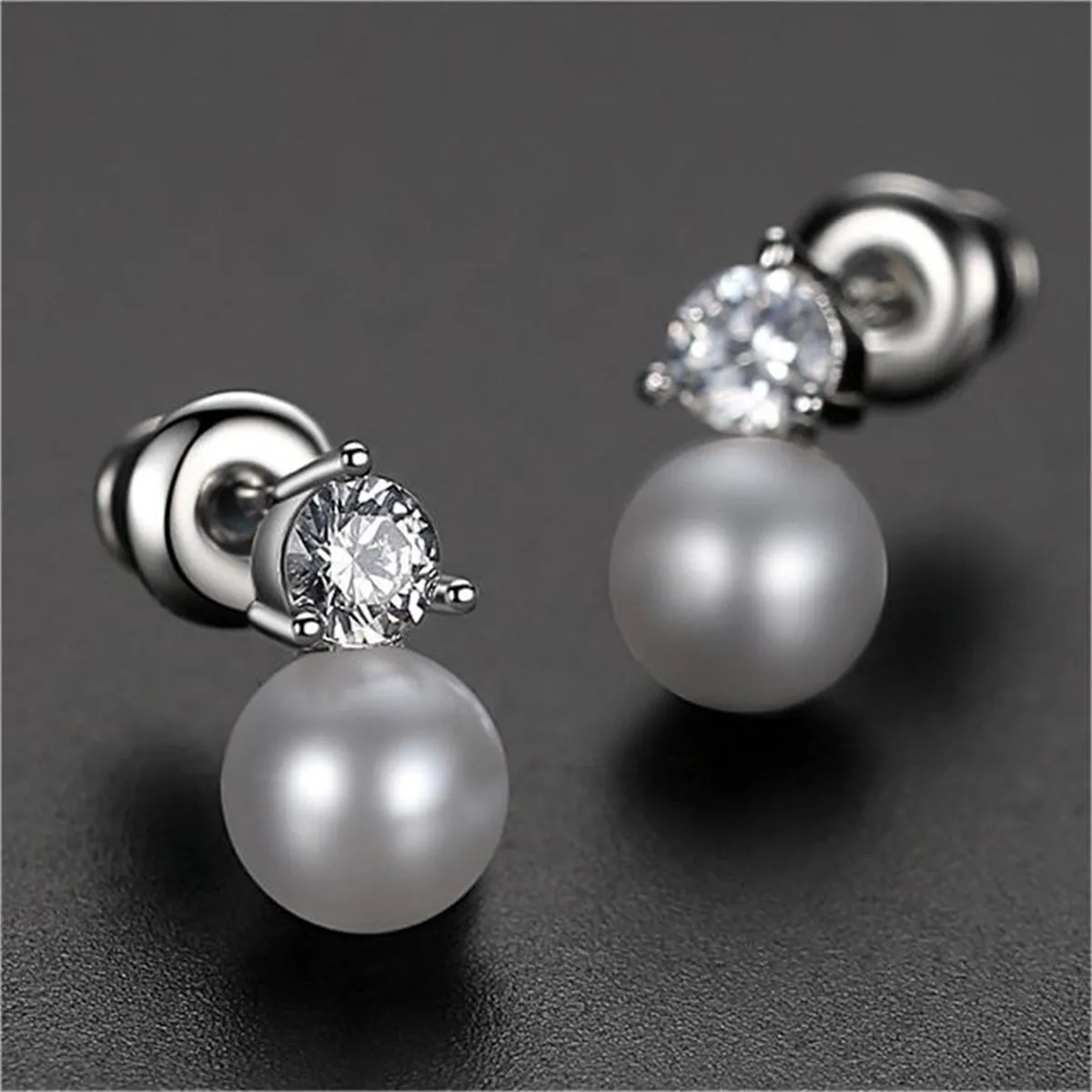 Cubic Zirconia & Pearl Round Stud Earrings