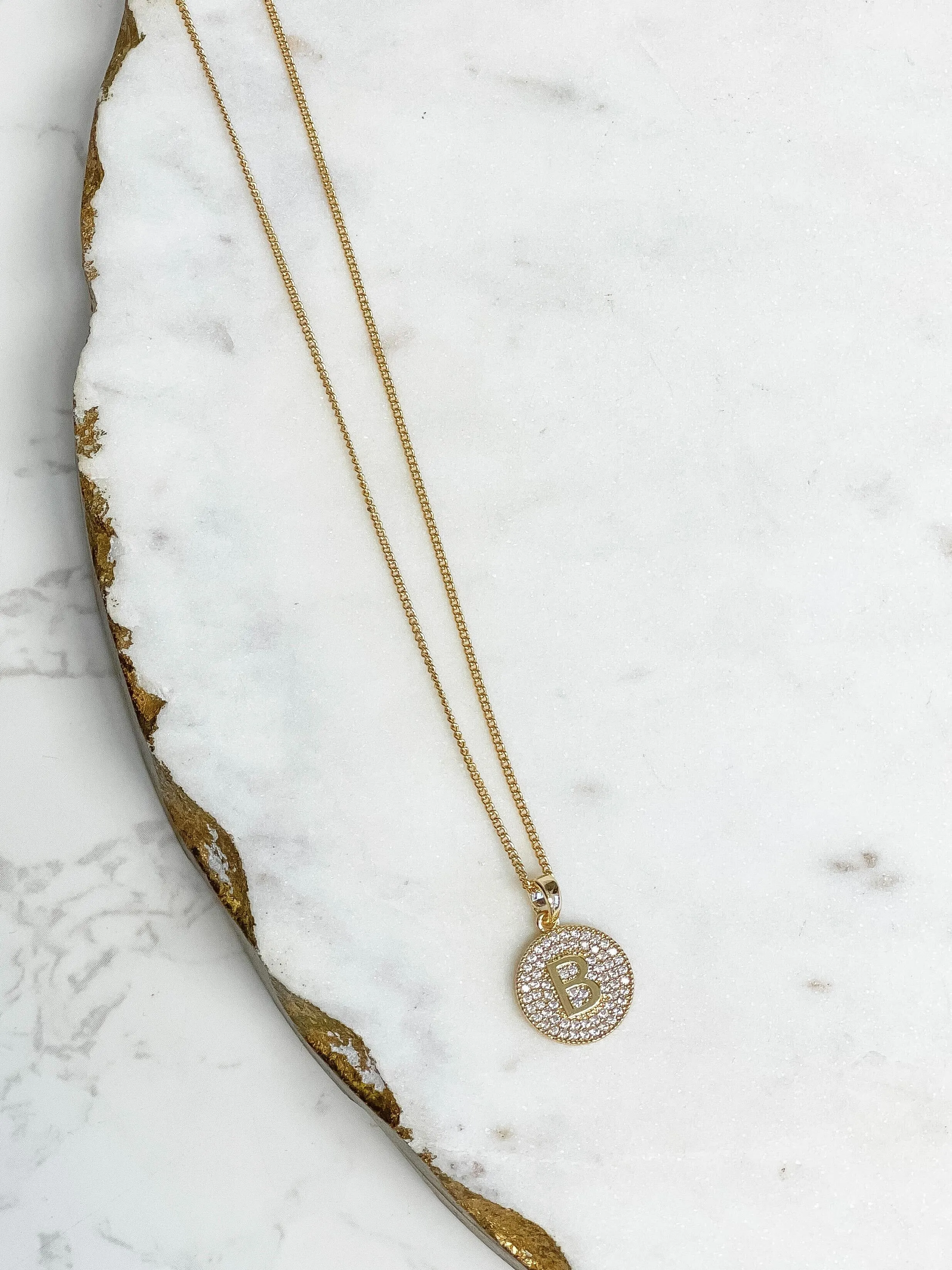 Cubic Zirconia Initial Disc Pendant Necklaces - Gold