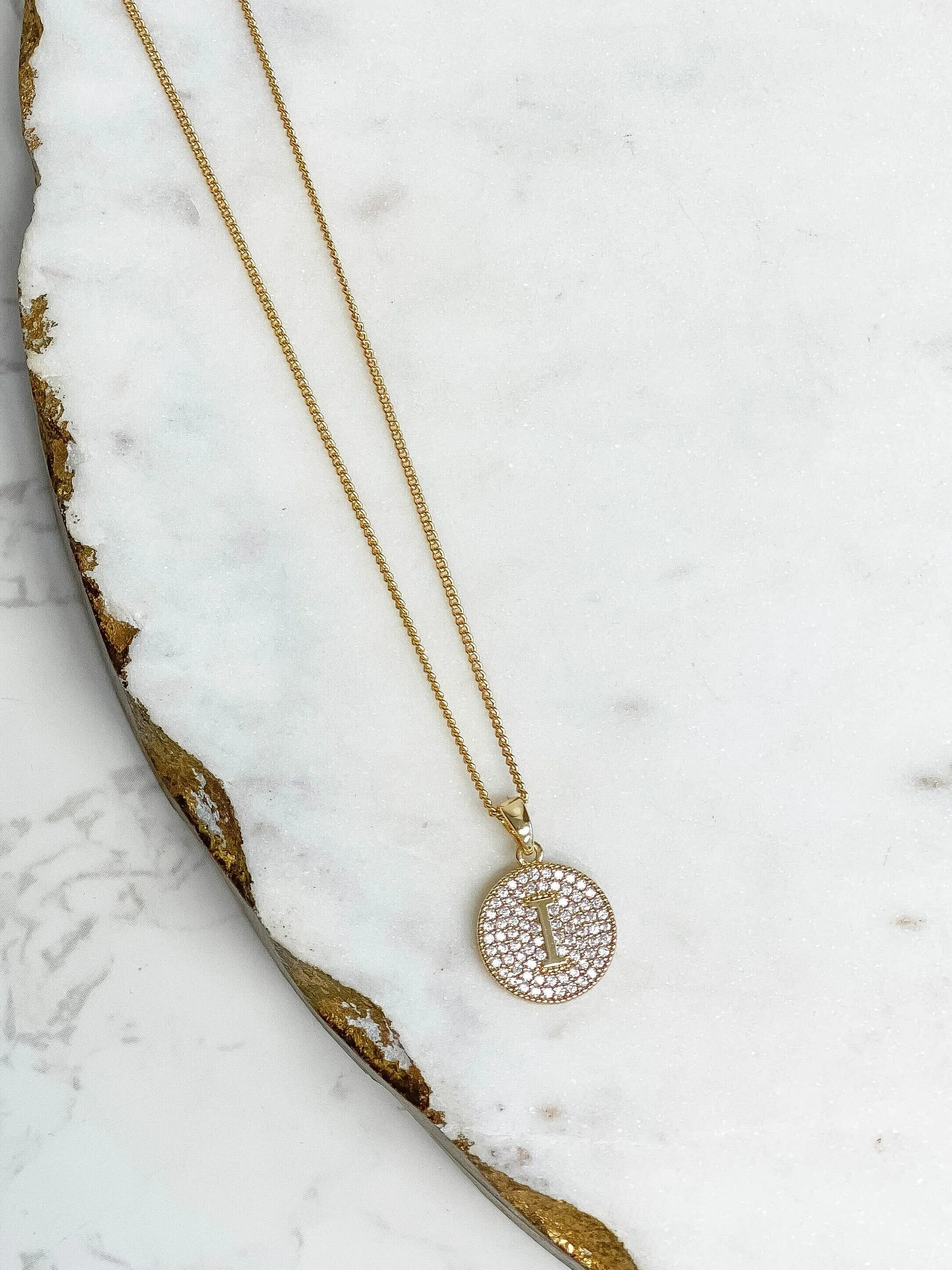 Cubic Zirconia Initial Disc Pendant Necklaces - Gold