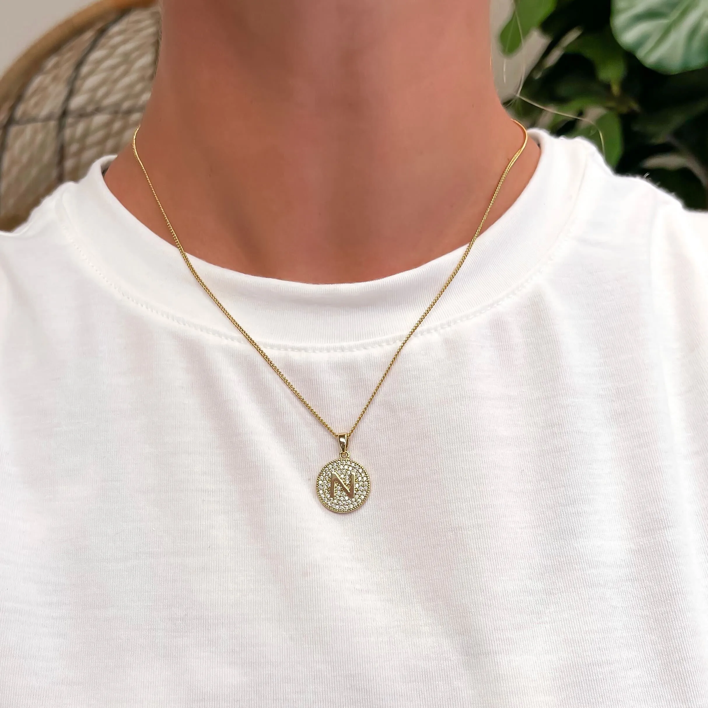 Cubic Zirconia Initial Disc Pendant Necklaces - Gold