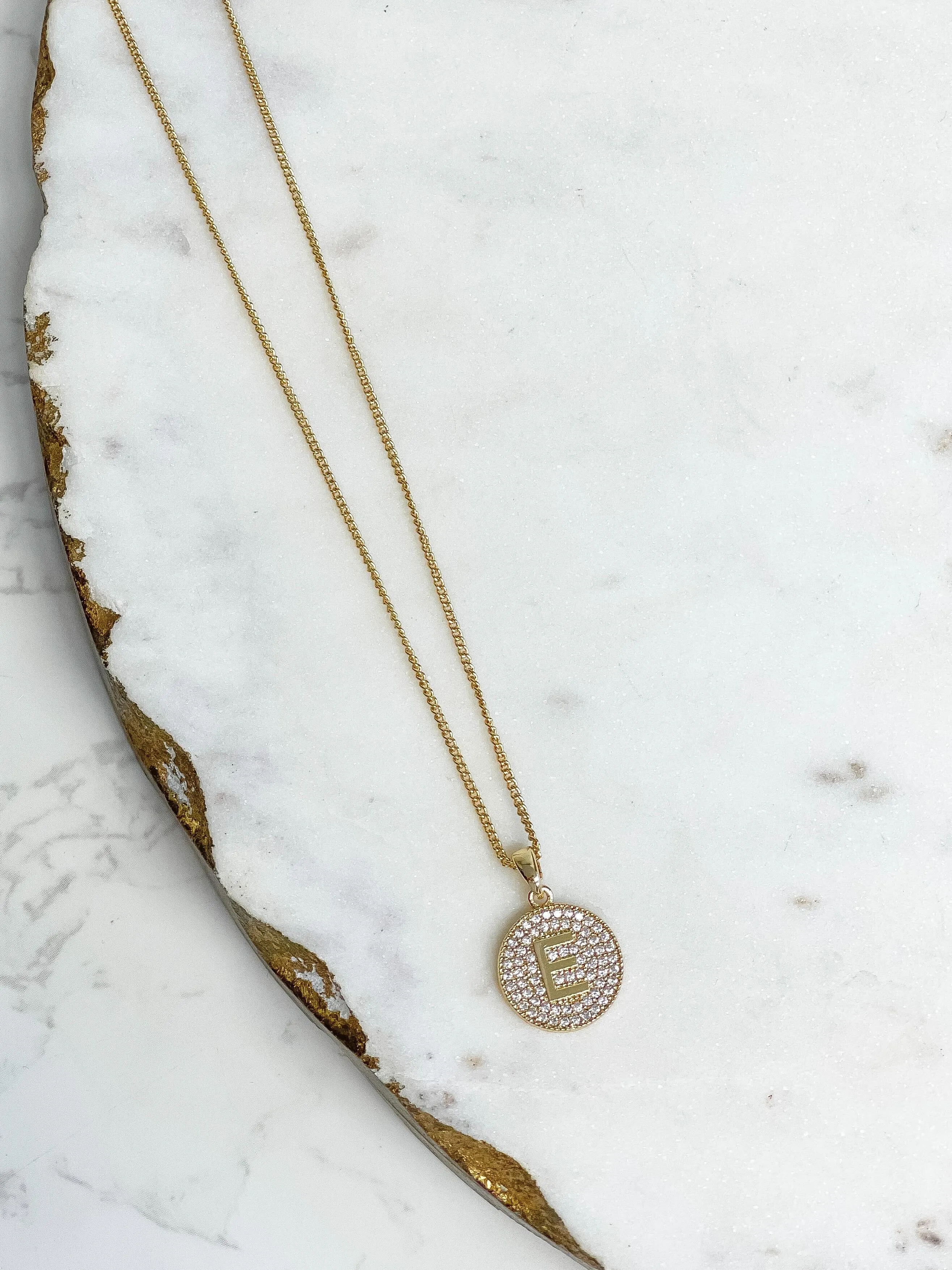 Cubic Zirconia Initial Disc Pendant Necklaces - Gold