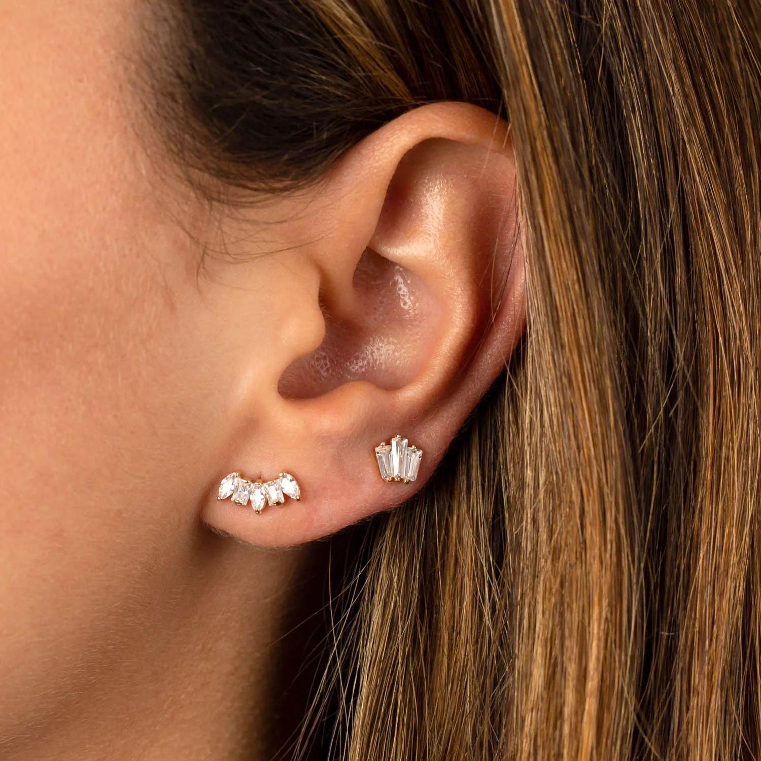Curved CZ Multishape Stud Earring 14K